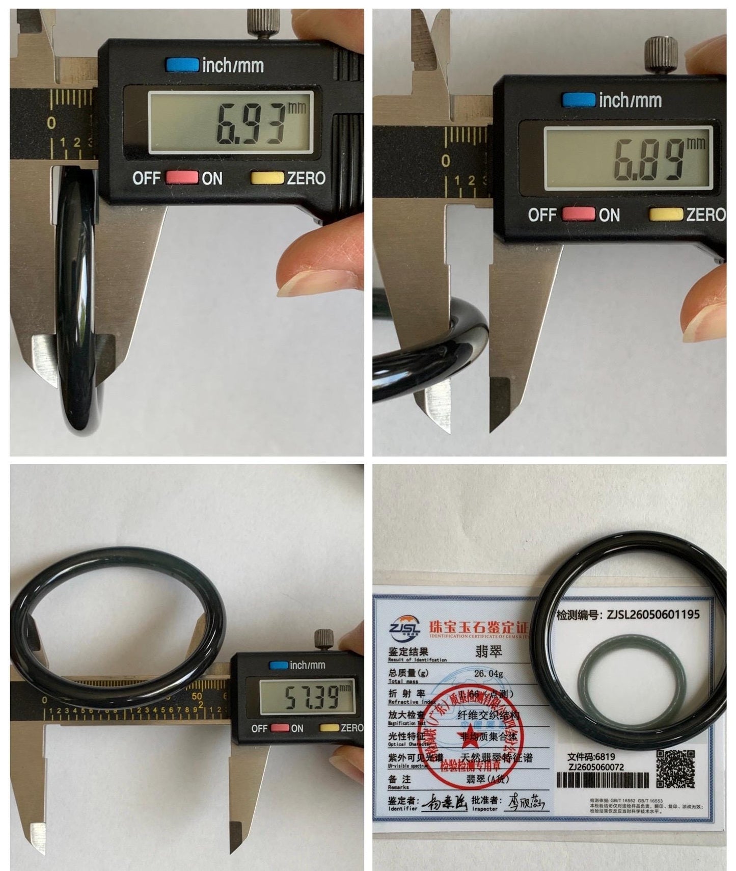 Certified Natural Grade A Guatemalan Icy Translucent Dark Grayish Black Wuji Jade Jadeite Bangle Bracelet 57.4mm 7” 26g 天然冰危深灰乌鸡圆条翡翠手镯 1195