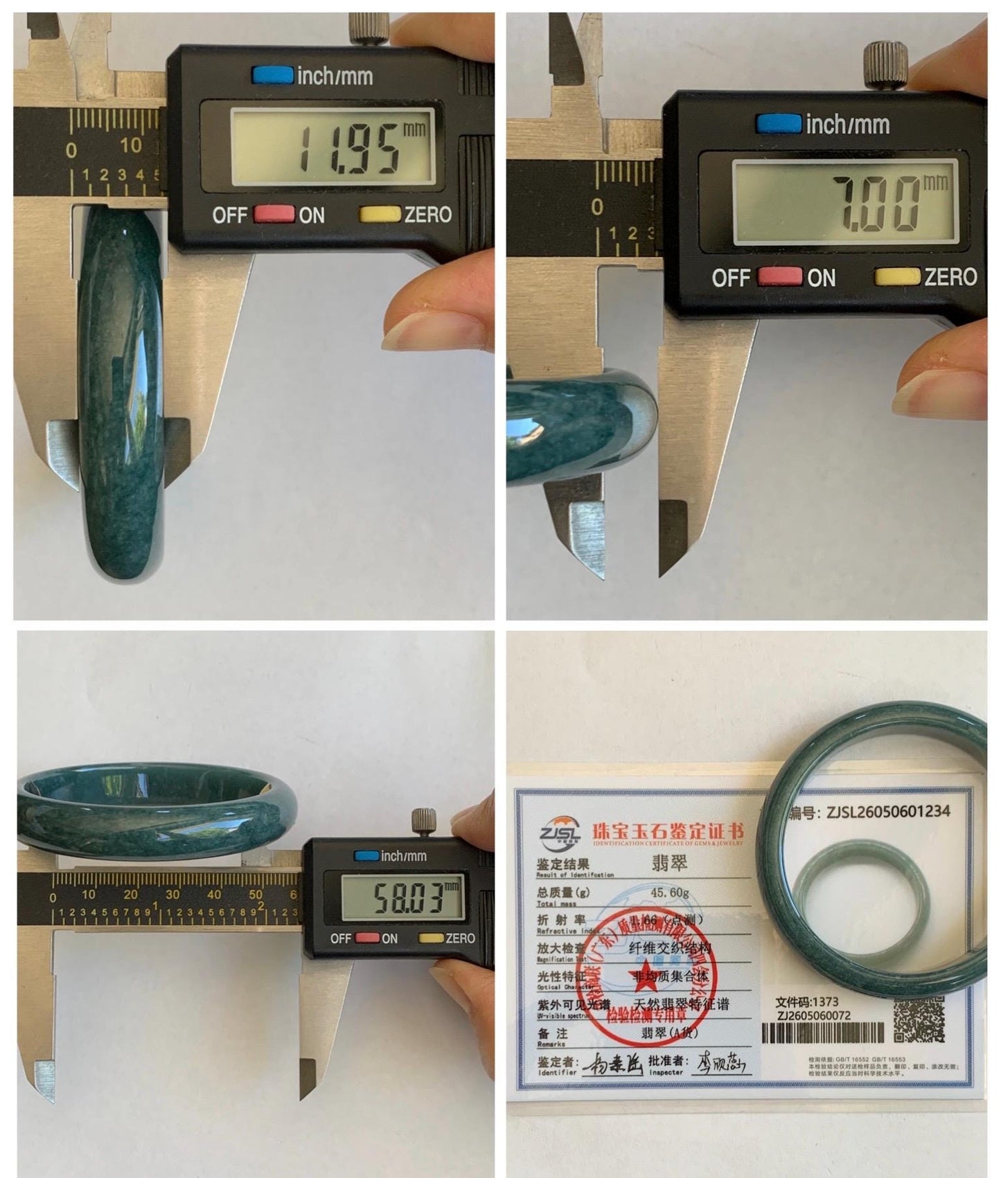 Certified Natural Grade A Guatemalan Icy Translucent Dark Teal Blue Jade Jadeite Wide Bangle 58mm 7.17” 45.6g 天然冰危蓝绿翡翠正圈宽版手镯 1234