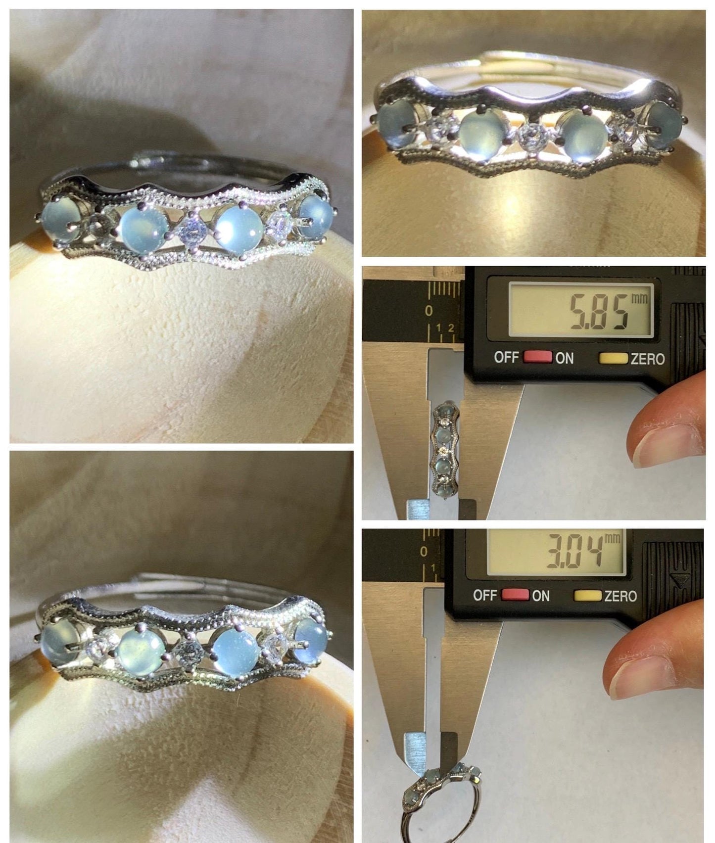 Natural Grade A Guatemalan Icy Highly Translucent Pale Blue Jade Jadeite 4-Stone Band Ring Sterling Silver Size Adjustable 天然冰危淡蓝翡翠排戒 WQLP68