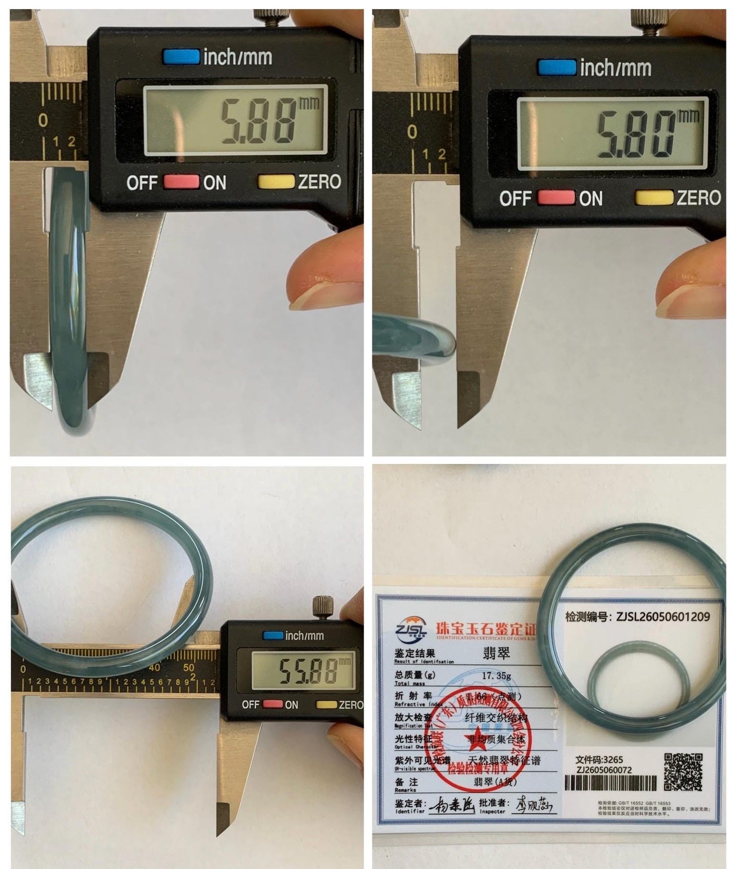 Certified Natural Grade A Guatemalan Icy Translucent Light Dusty Teal Blue Jade Jadeite Slim Bangle 55.88mm 6.9” 17.3g 天然冰胶危浅蓝绿翡翠细圆条手镯 1209