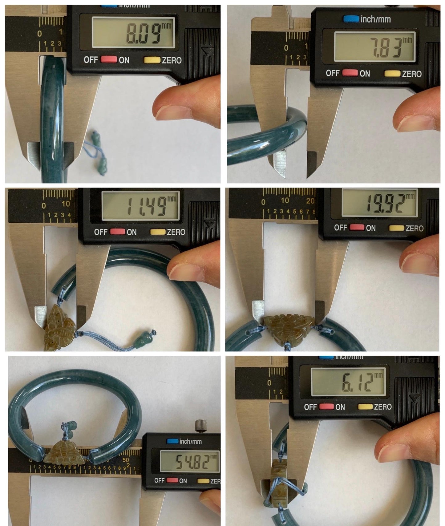 Certified Natural Grade A Guatemalan Icy Dusty Aegean Blue Jade Jadeite Open Bangle Icy Yellow Butterfly Charm 54.8mm 6.77” 天然冰危牛仔篮翡翠开口镯1202