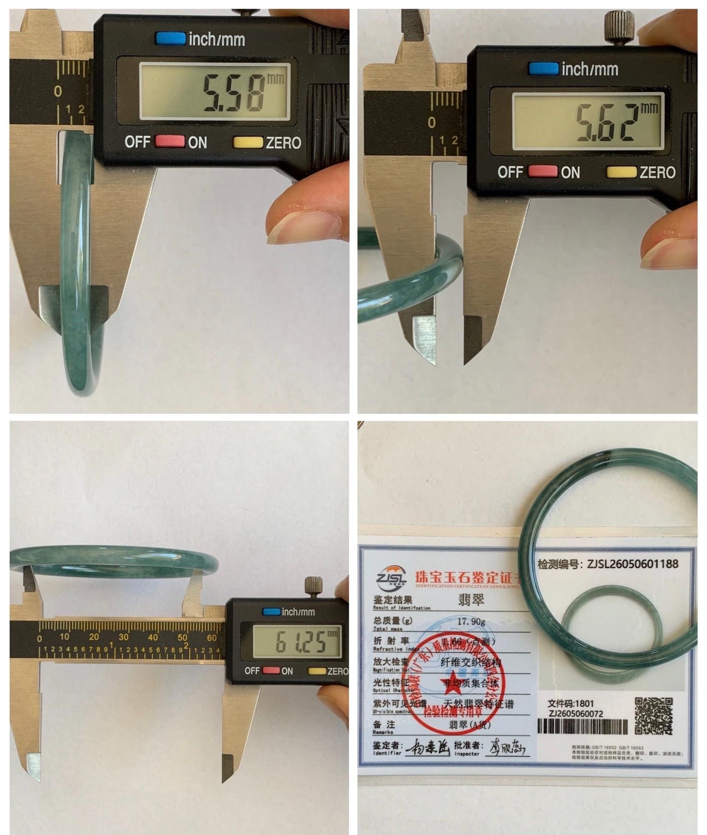 Certified Natural Grade A Guatemalan Icy Translucent Dark Teal Green Jade Jadeite Slim Bangle 61.25mm 7.57” 17.9g 天然冰胶危深蓝绿翡翠细圆条手镯 1188 AS IS