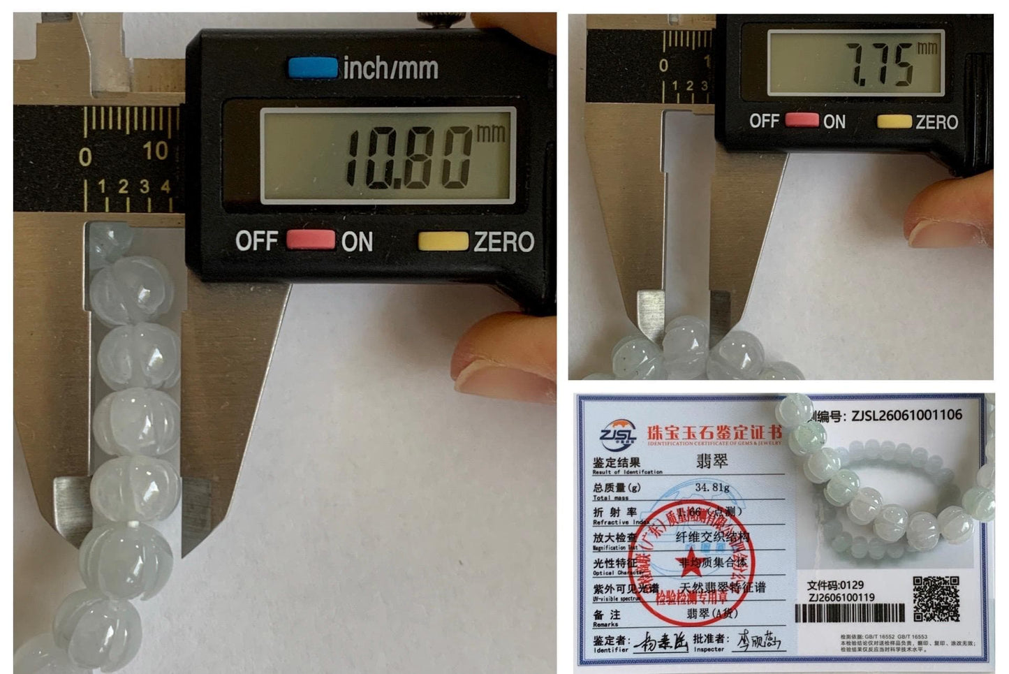 Certified Natural Grade A Icy Translucent Jade Jadeite Carved Lotus Flower Beads Beaded Bracelet 6.75” 34g 天然冰胶底色翡翠莲花珠手串 1106