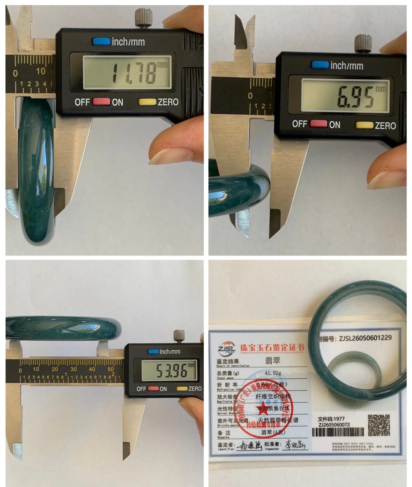 Certified Natural Grade A Guatemalan Icy Translucent Dark Teal Blue Jade Jadeite Wide Bangle 54mm 6.67” 42g 天然冰危蓝绿翡翠正圈宽版手镯 1229