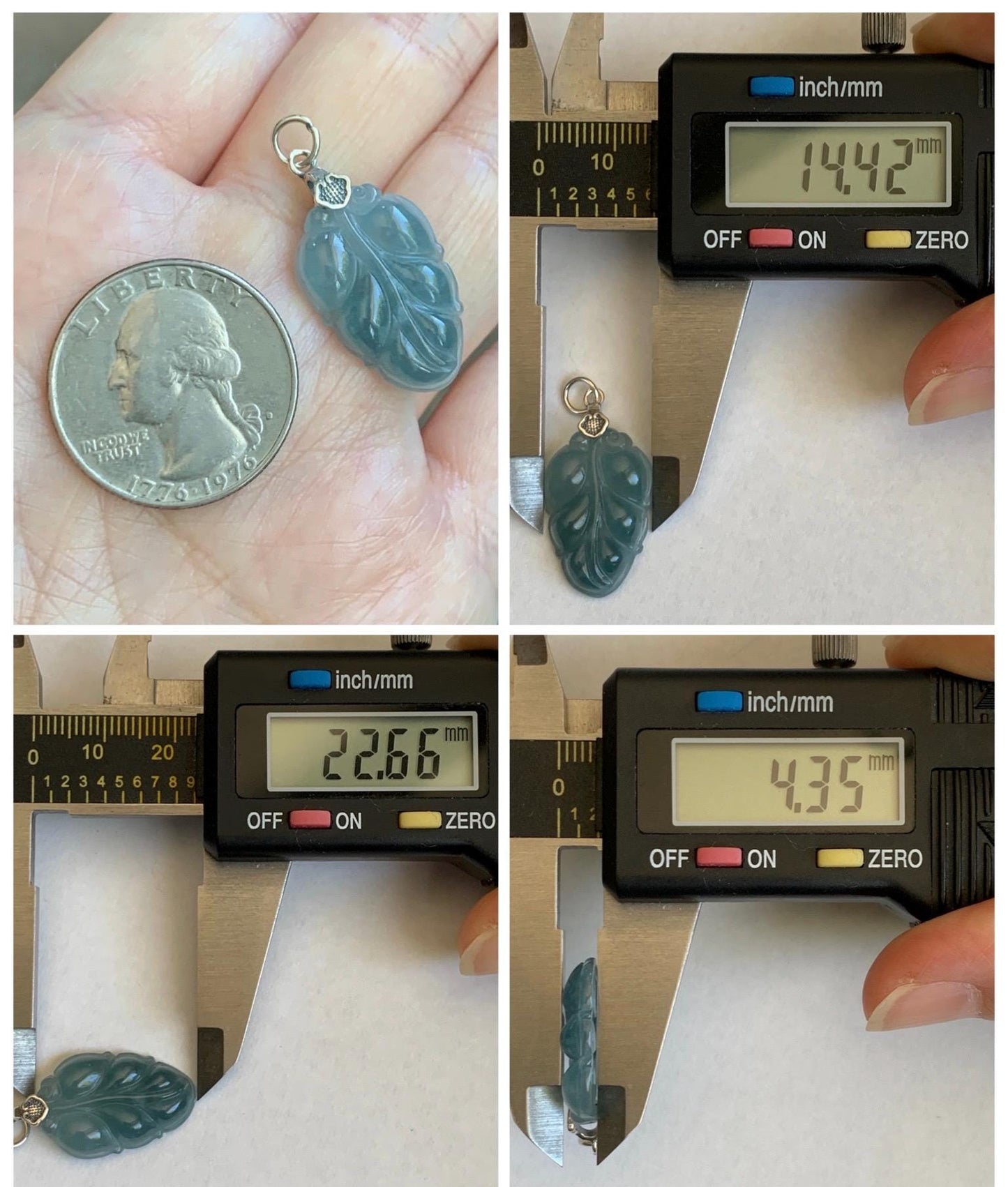Natural Grade A Guatemalan Icy Translucent Light Dusty Blue Jade Jadeite Carved Leaf Pendant Sterling Silver 天然冰胶危浅蓝翡翠大叶有成银镶吊坠 WLD55F