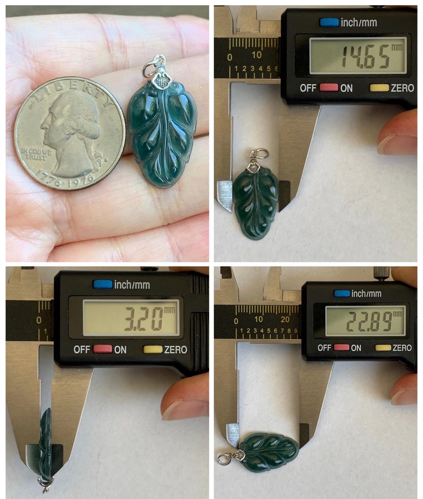 Natural Grade A Guatemalan Icy Translucent Dark Teal Green Jade Jadeite Carved Leaf Small Pendant Sterling Silver 天然冰胶危深蓝翡翠大叶有成银镶吊坠 WLD55E