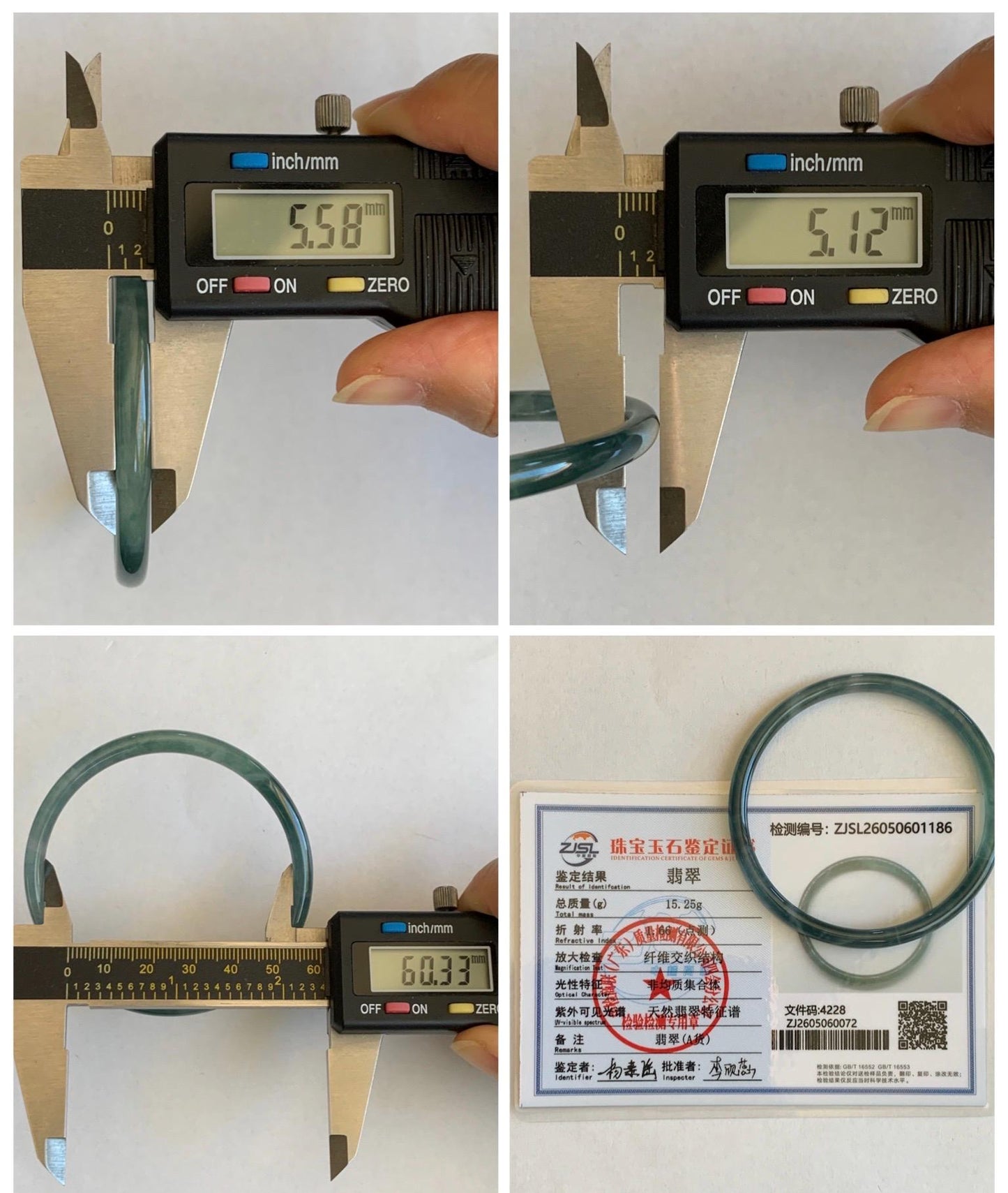Certified Natural Grade A Guatemalan Icy Translucent Dark Teal Green Jade Jadeite Slim Bangle 60.33mm 7.46” 15.25g 天然冰胶危深蓝绿翡翠细圆条手镯 1186