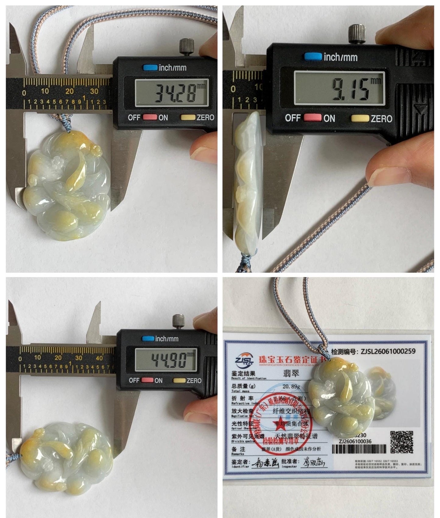 Certified Natural Grade A Icy Translucent White Yellow Marbled Jade Jadeite Nine-Tailed Fox Pendant Rope Necklace 28” 天然白冰飘黄翡翠九尾狐吊坠项链 259