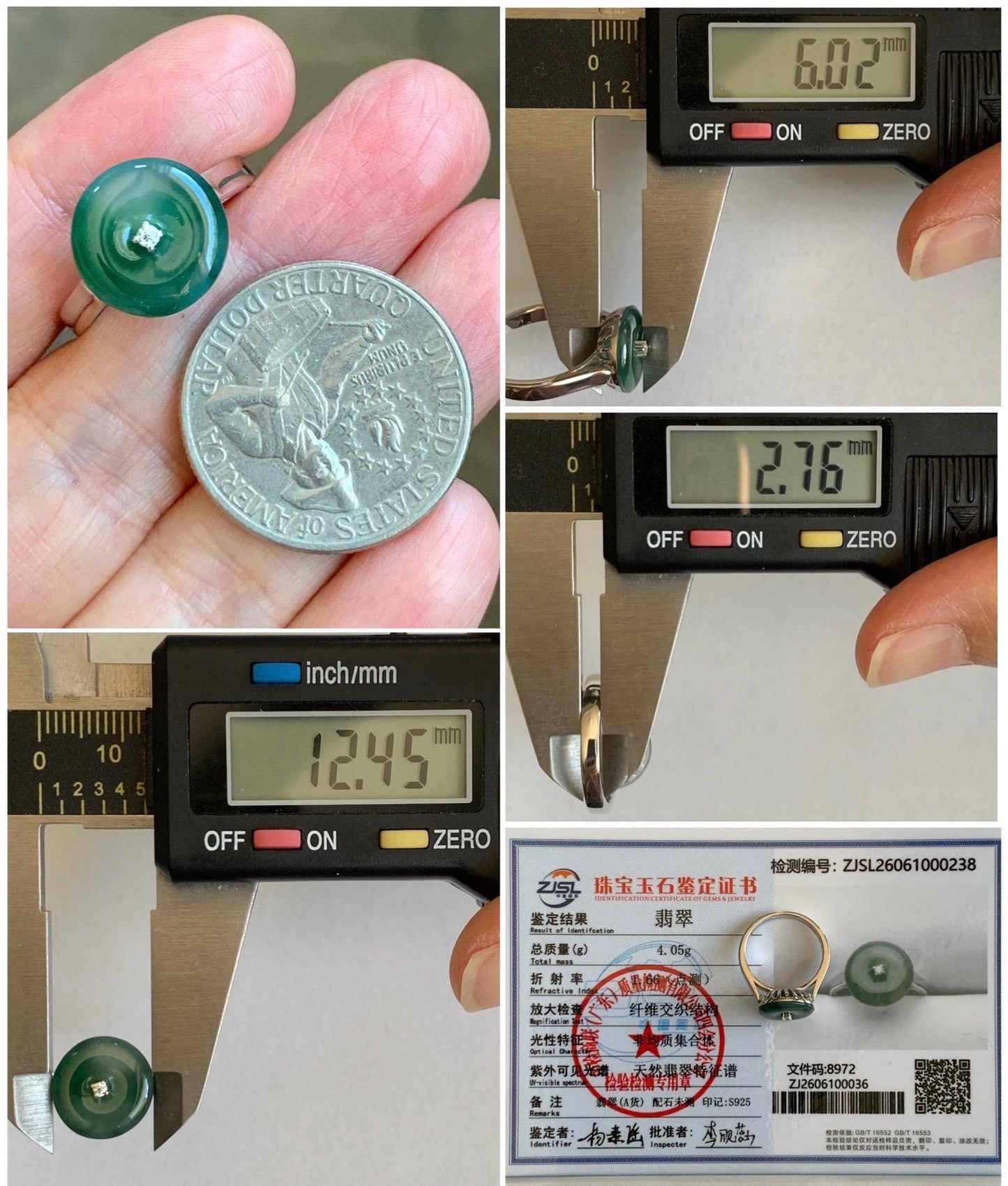 Certified Natural Grade A Icy Translucent Green Marbled Jade Jadeite Donut Ping An Kou Ring Sterling Silver Size 7 US 4g 天然冰飘绿翡翠平安扣银镶戒指 238