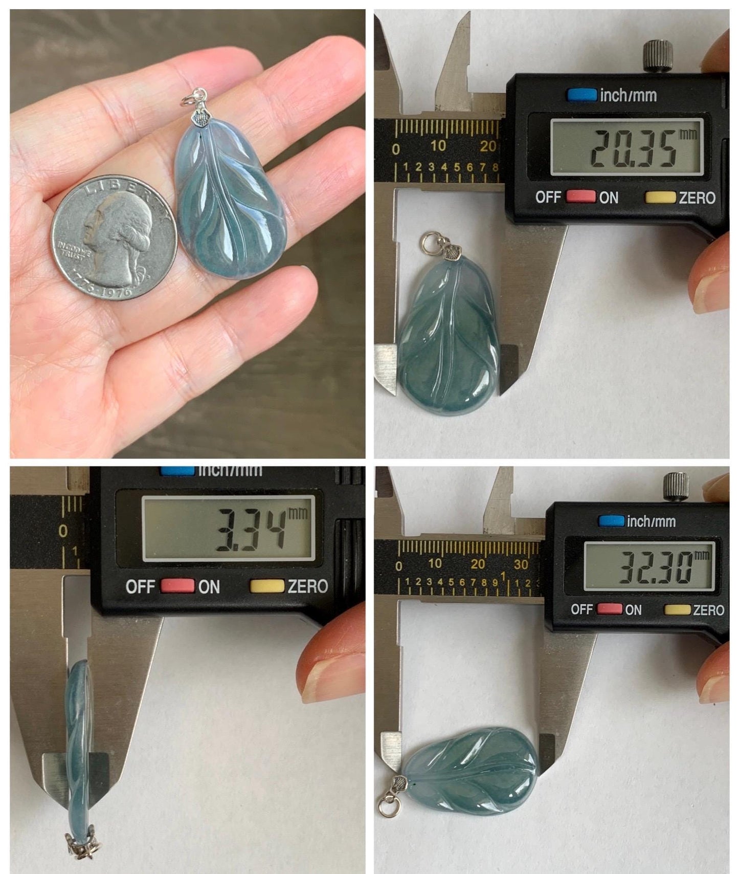 Natural Grade A Guatemalan Icy Translucent Dusty Teal Blue Jade Jadeite Carved Leaf Pendant Sterling Silver 天然冰胶危蓝翡翠大叶有成银镶吊坠 WLB280B