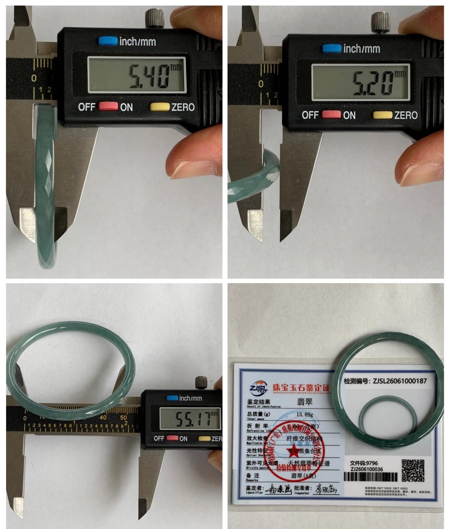 Certified Natural Grade A Guatemalan Icy Translucent Light Teal Jade Jadeite Diamond Faceted Bangle 55mm 6.8” 18g 天然冰危蓝绿翡翠细圆条切割面手镯 187