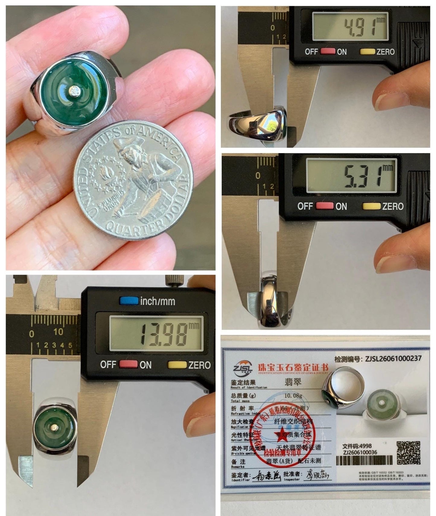 Certified Natural Grade A Icy Translucent Green Marbled Jade Jadeite Donut Ping An Kou Ring Sterling Silver Size 7.25 US 天然冰飘绿翡翠平安扣银镶戒指 237