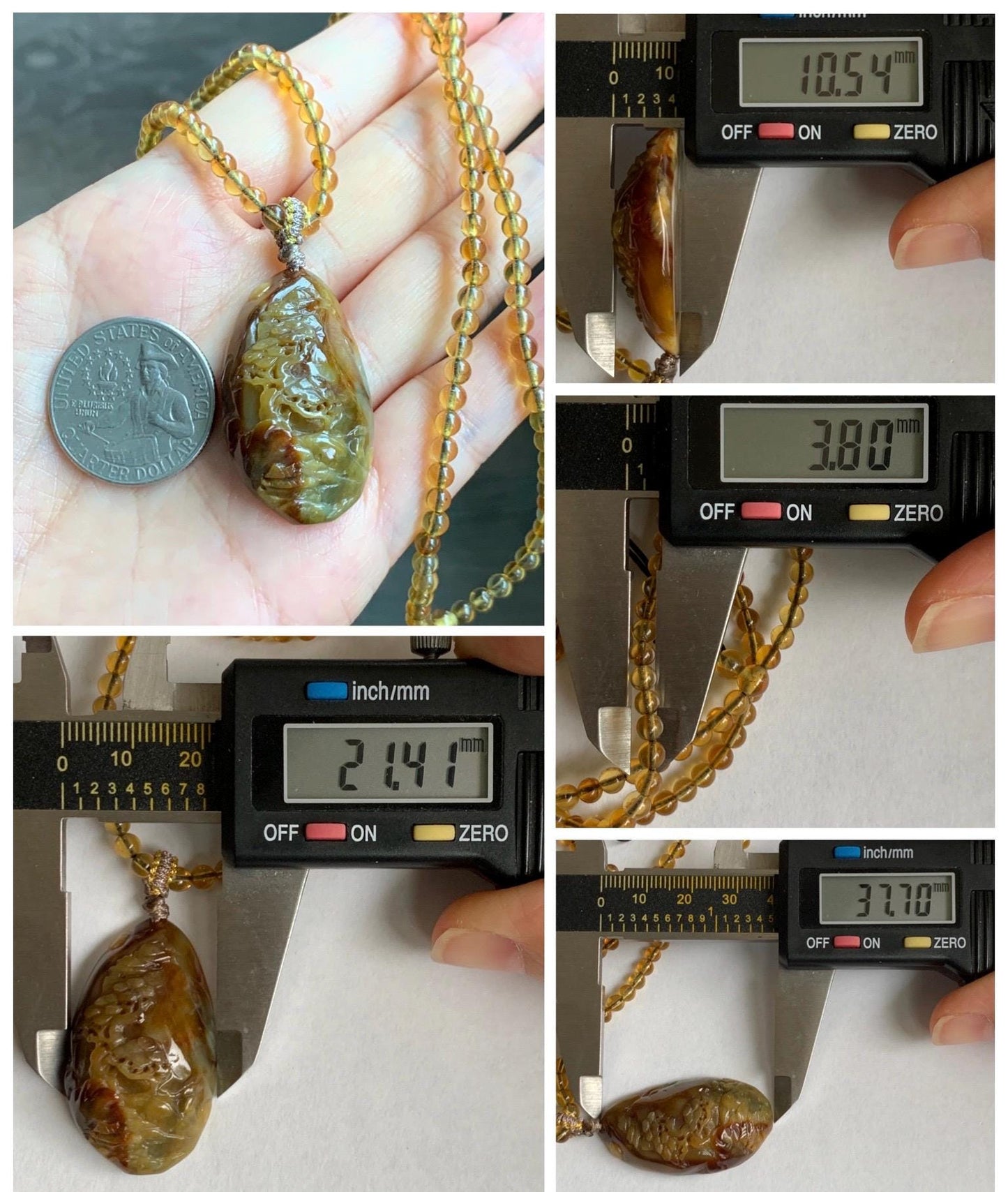 Natural Grade A Icy Dark Dusty Yellow Brown Marbled Jade Jadeite Carved Shan Shui Pendant Beaded Necklace 22” 21g 天然冰黄飘红翡翠山水吊坠蓝珀项链 MSS165