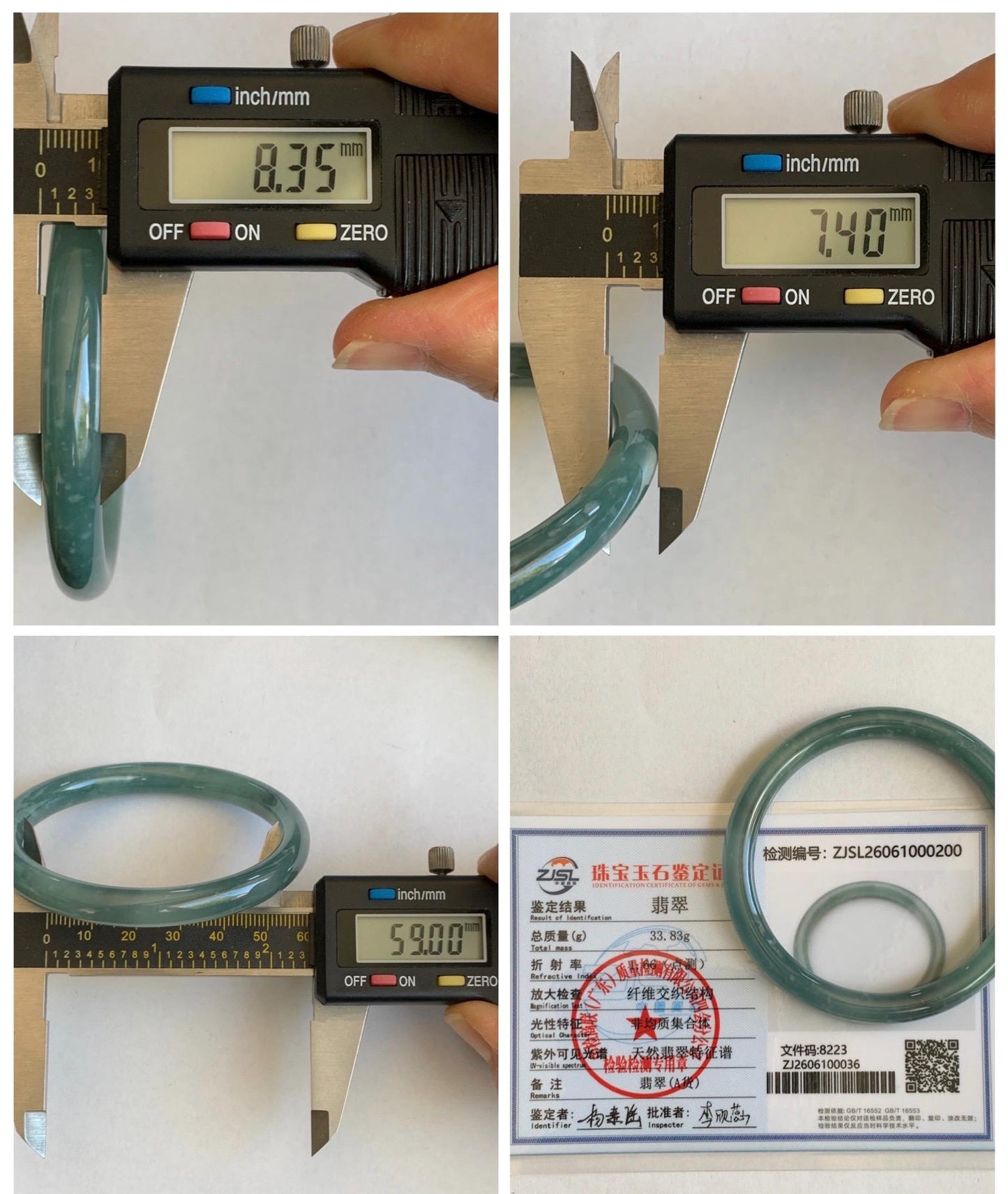 Certified Natural Grade A Guatemalan Icy Translucent Dusty Teal Green Jade Jadeite Bangle Bracelet 59mm 7.29” 34g 天然冰危蓝绿翡翠圆条手镯 200