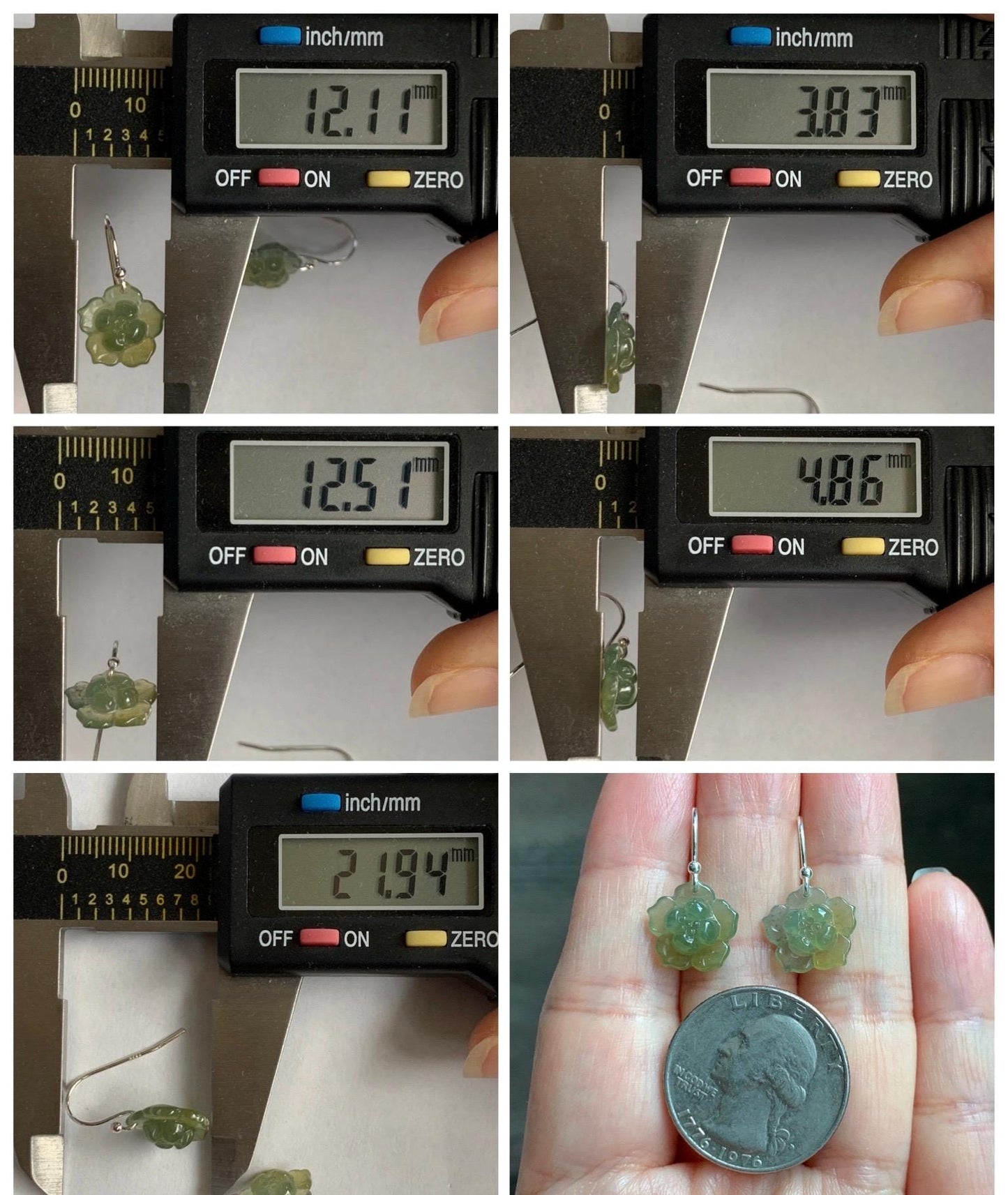 Natural Grade A Guatemalan Icy Translucent Teal Blue Yellow Marbled Jade Jadeite Lotus Flower Earrings Sterling Silver 天然冰危茶黄翡翠莲花耳钩 WLG88A