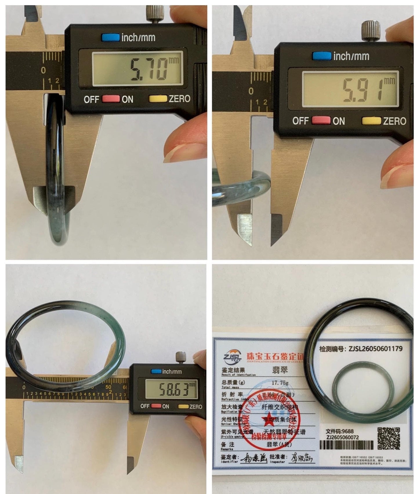 Certified Natural Grade A Guatemalan Icy Translucent Dusty Teal Green Wuji Jade Jadeite Slim Bangle 58.6mm 7.25” 17.7g 天然冰胶危蓝绿乌鸡翡翠细圆条手镯 1179
