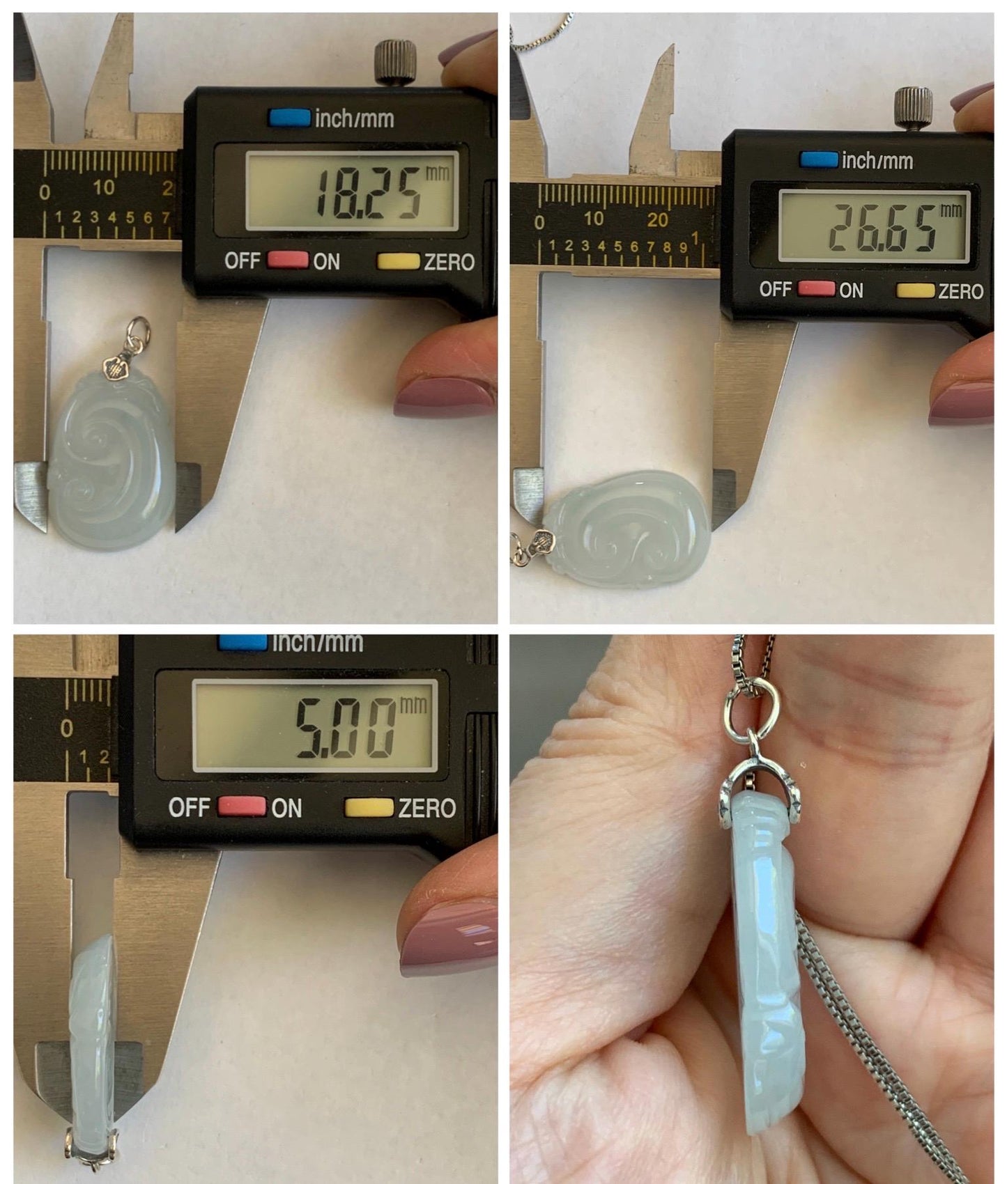 Natural Grade A Icy Translucent White Jade Jadeite Carved Ruyi Pendant Sterling Silver 6g 天然白冰胶翡翠如意吊坠 MKA240W
