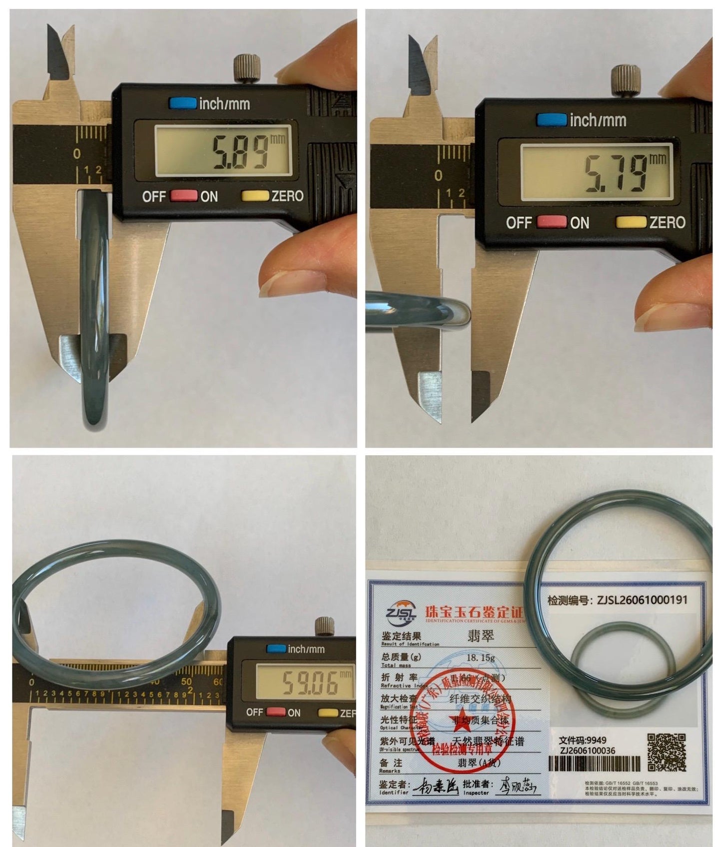 Certified Natural Grade A Guatemalan Icy Translucent Grayish Blue Wuji Marbled Jade Jadeite Bangle Bracelet 59mm 7.3” 天然冰危蓝灰乌鸡细圆条翡翠手镯 191