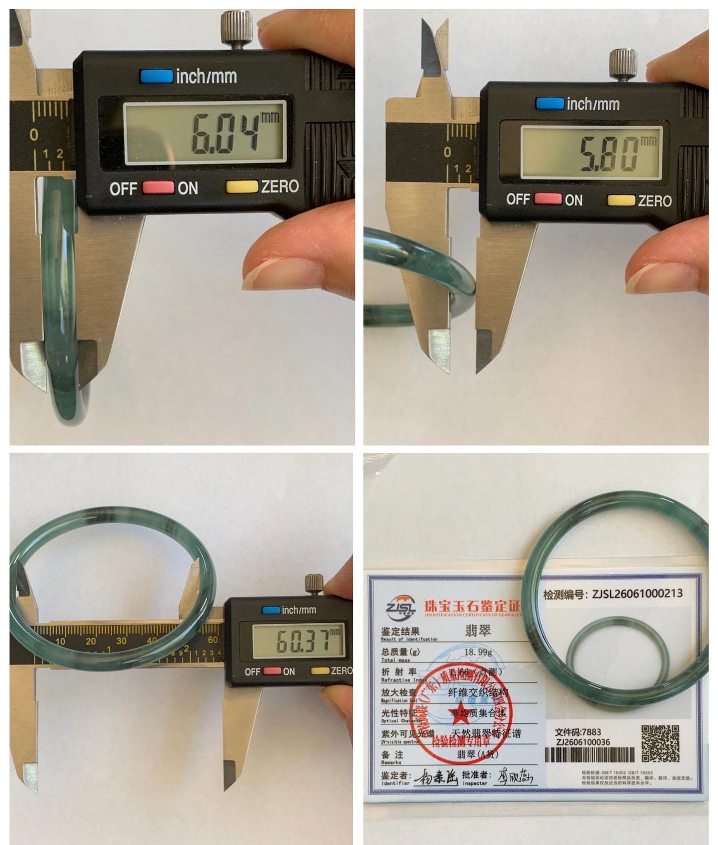 Certified Natural Grade A Guatemalan Icy Translucent Dusty Teal Green Wuji Jade Jadeite Slim Bangle 60.37mm 7.46” 19g 天然冰胶危蓝绿乌鸡翡翠细圆条手镯 213