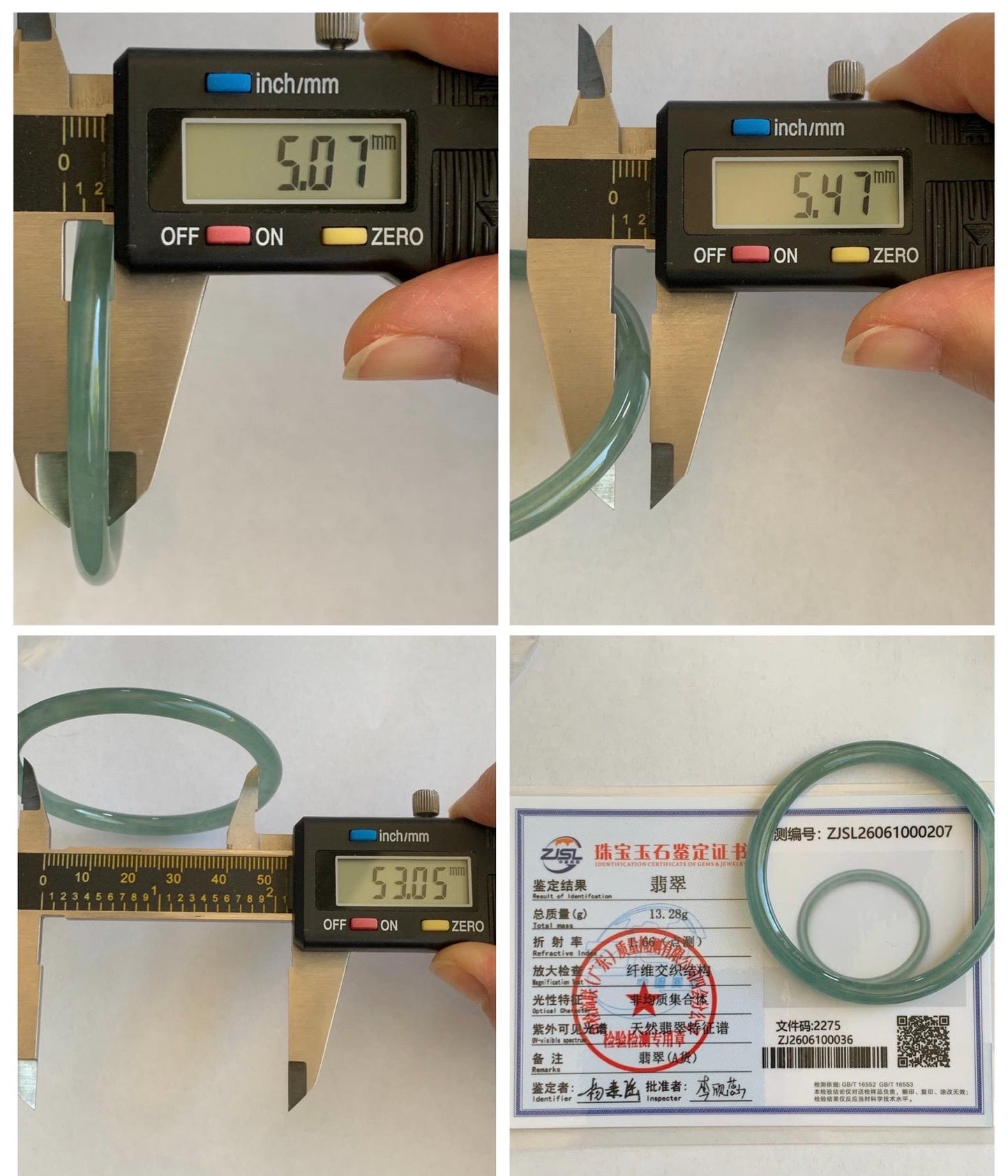 Certified Natural Grade A Guatemalan Icy Highly Translucent Dusty Teal Green Jade Jadeite Slim Bangle 53.05mm 6.56” 13g 天然冰胶危蓝绿翡翠细圆条手镯 207