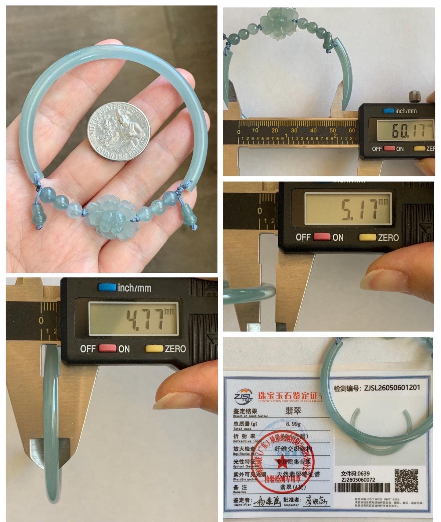 Certified Natural Grade A Guatemalan Icy Translucent Pastel Teal Jade Jadeite Open Bangle Lotus Flower Bracelet 60.17mm 天然冰胶危深篮翡翠莲花开口手镯 1201