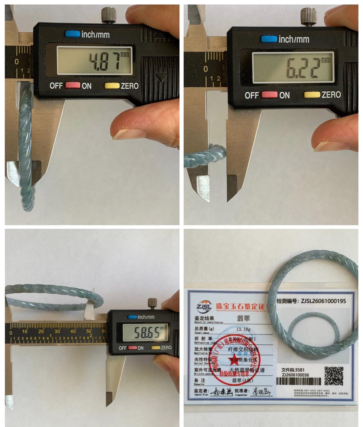 Certified Natural Grade A Guatemalan Icy Translucent Pastel Dusty Blue Jade Jadeite Carved Braid Slim Bangle 58.6mm 7.25” 天然冰危浅灰蓝翡翠细麻花手镯 195