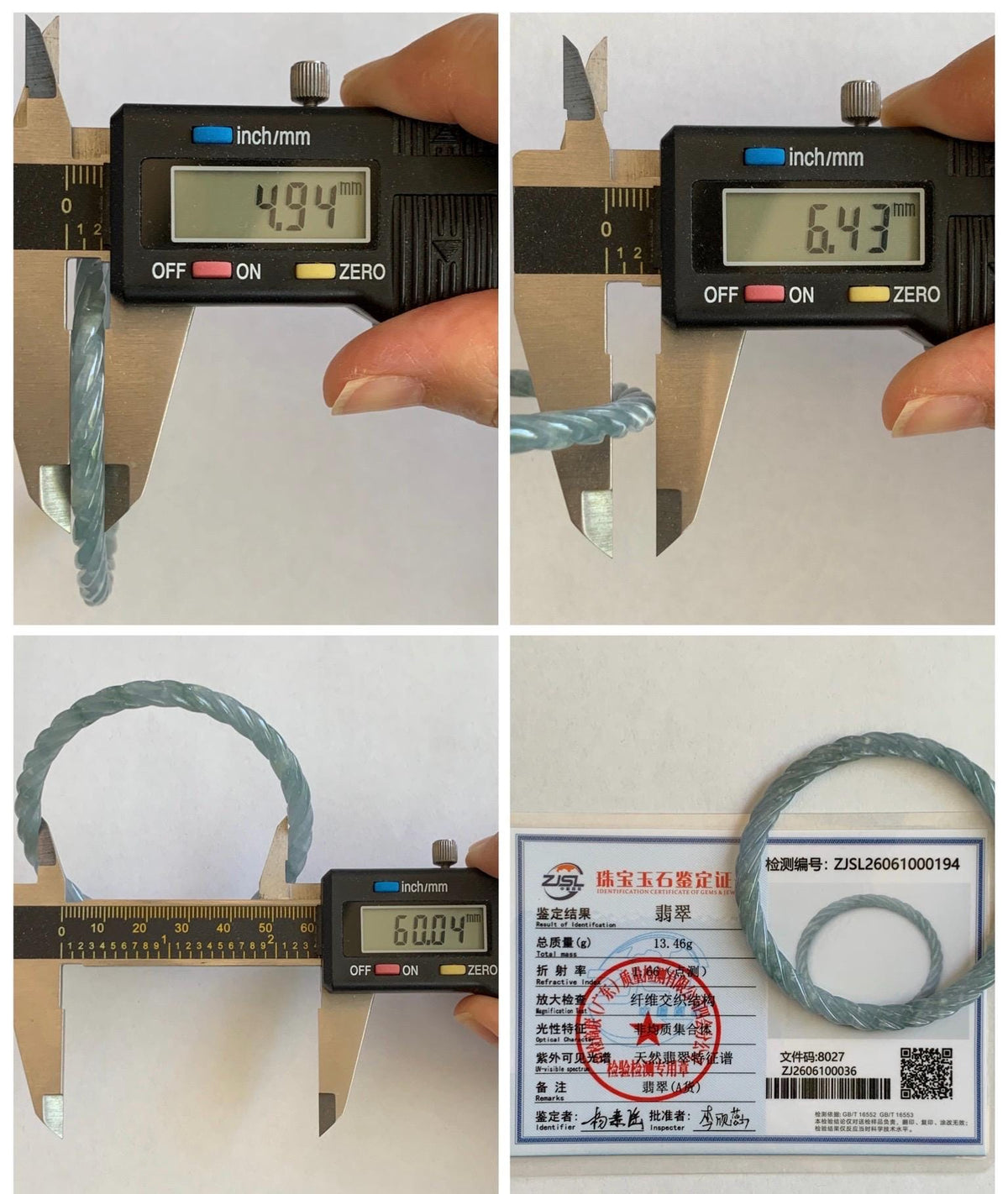 Certified Natural Grade A Guatemalan Icy Translucent Pastel Dusty Blue Jade Jadeite Carved Braid Slim Bangle 60mm 7.4” 天然冰危浅灰蓝翡翠细麻花手镯 194