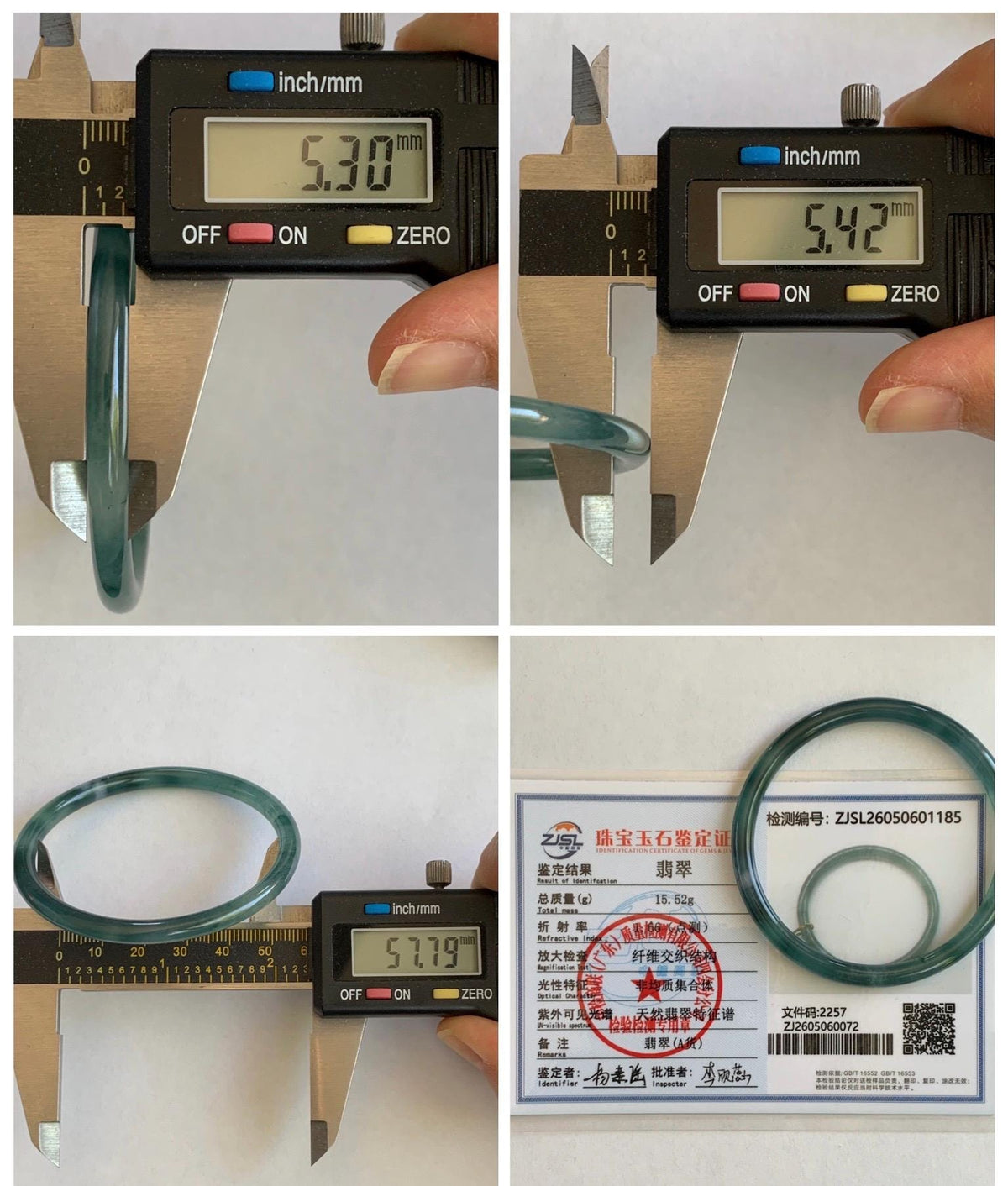Certified Natural Grade A Guatemalan Icy Translucent Dark Teal Green Jade Jadeite Slim Bangle 57.8mm 7.14” 15.52g 天然冰胶危深蓝绿翡翠细圆条手镯 1185