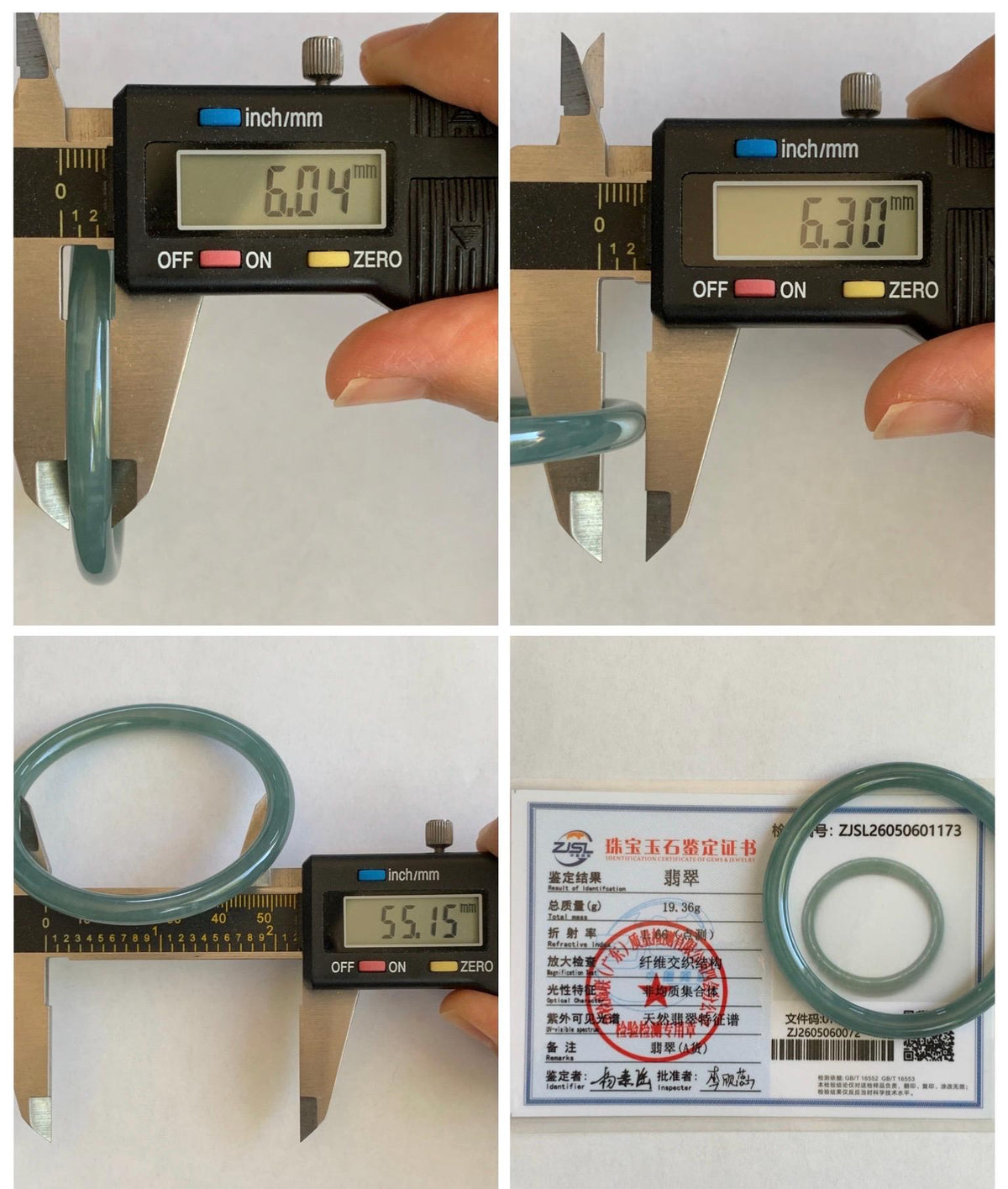 Certified Natural Grade A Guatemalan Icy Translucent Dusty Teal Jade Jadeite Slim Bangle 55.15mm 6.8” 19g 天然冰危暗蓝绿翡翠细圆条手镯 1173