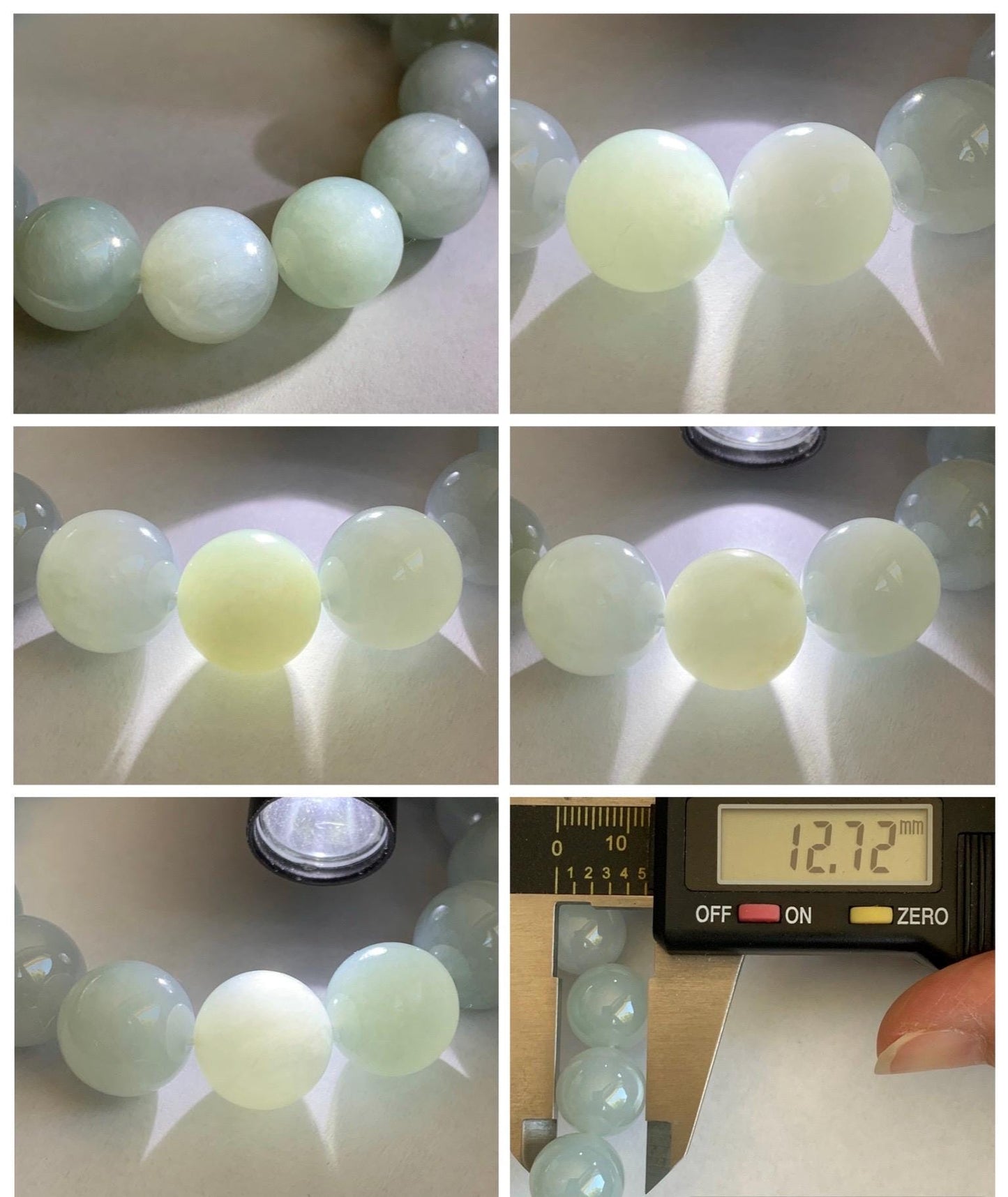Natural Grade A Icy Translucent White Pale Green Undertone Jade Jadeite Large Beads Beaded Bracelet 12.7mm 7.5” 58g 天然冰胶淡底色翡翠大卡圆珠手串 MDS990A