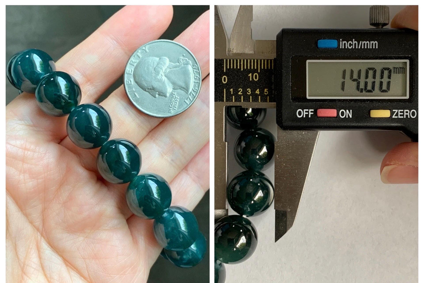 LARGE Natural Grade A Guatemalan Icy Translucent Dark Teal Green Jade Jadeite Beaded Bracelet 13.9mm 7.75” 69g 天然冰危深老蓝水翡翠大卡手串 WDS660B