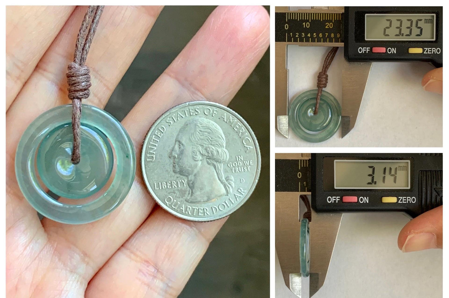 Natural Grade A Guatemalan Icy Translucent Light Teal Green Jade Jadeite Mother and Child Ping An Kou Donut Pendant 24” 天然冰危蓝绿翡翠子母扣吊坠WZM330A