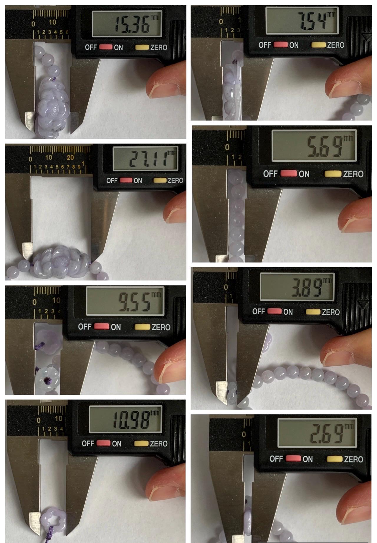 Natural Grade A Icy Translucent Pale Purple Wuji Marbled Jade Jadeite Lotus Flower & Beads Beaded Bracelet 6.75" 天然冰淡紫乌鸡翡翠莲花手串 MWZ295