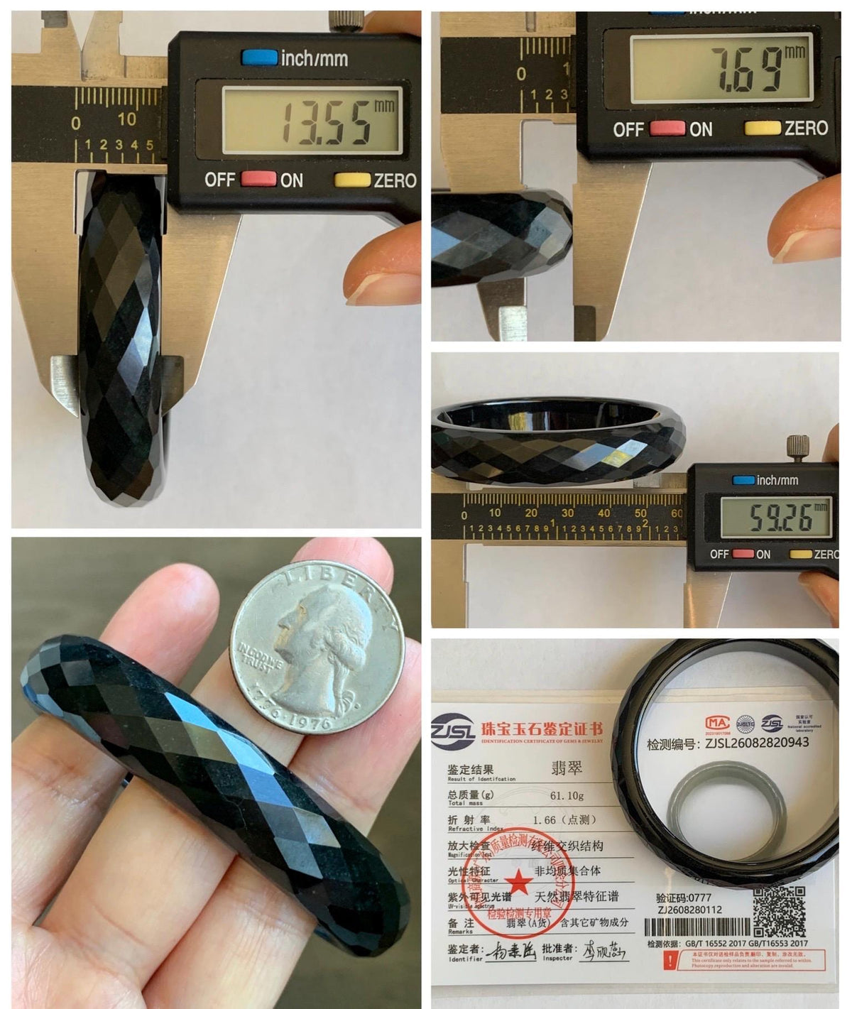 Certified Natural Grade A Opaque Black Jade Jadeite Diamond Faceted Wide Bangle 59.26mm 7.33” 61g 天然墨翠宽版切割面手镯 943