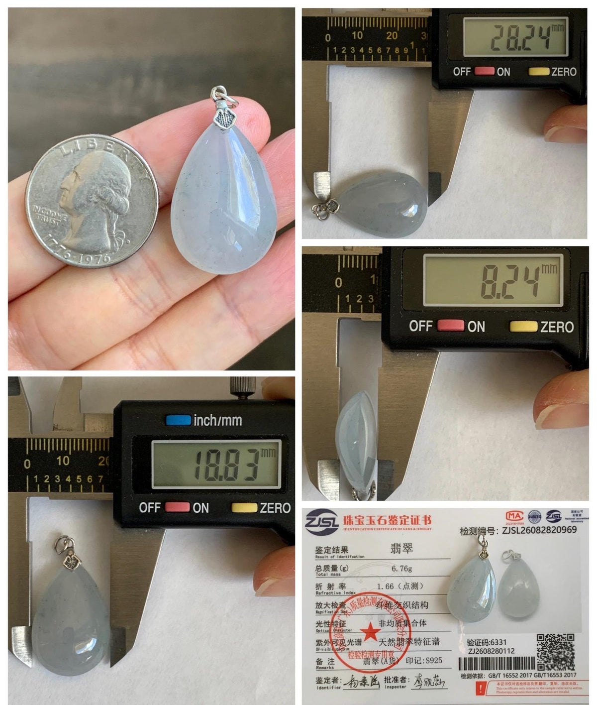 Certified Natural Grade A Icy Highly Translucent Light Gray Wuji Jade Jadeite Teardrop Large Pendant Sterling Silver 6.76g 天然冰胶浅乌鸡翡翠水滴吊坠 969