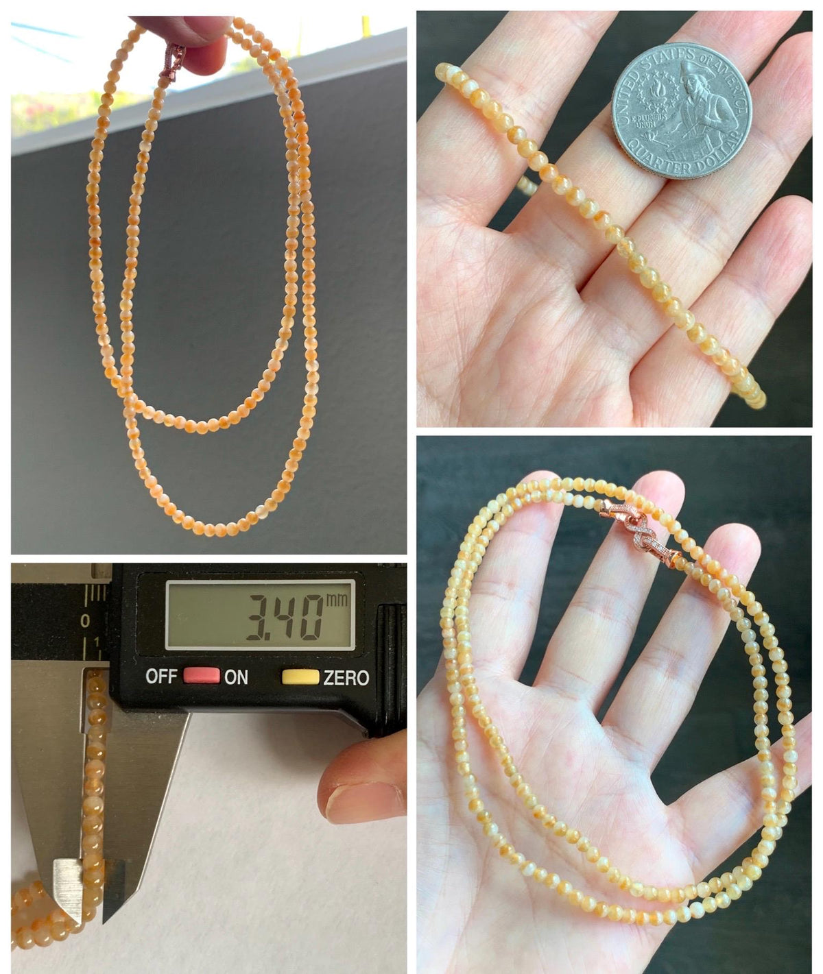 Natural Grade A Icy Translucent Light Yellow Bicolored Jade Jadeite Petite Beads Beaded Necklace 3.4mm 23.25” 13g 天然冰黄鸳鸯翡翠小圆珠项链 MYY330A