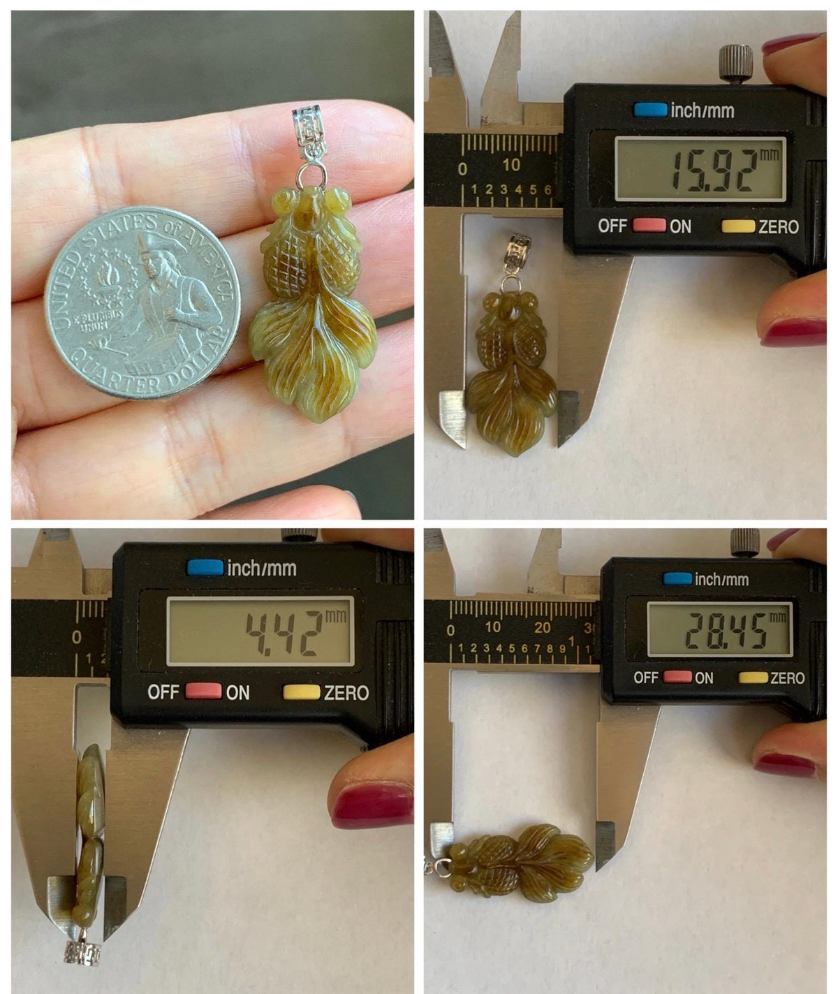 Natural Grade A Icy Translucent Dark Yellow Marbled Jade Jadeite Carved Goldfish Pendant Sterling Silver 4g 天然冰黄翡翠金鱼吊坠 MJY175B