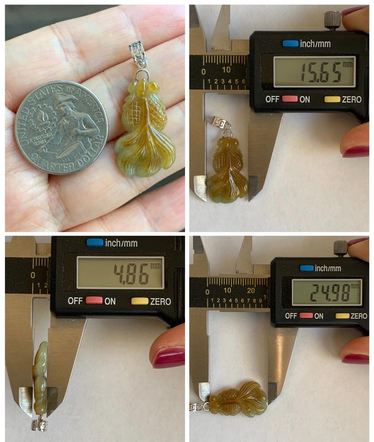 Natural Grade A Icy Translucent Dark Yellow Marbled Jade Jadeite Carved Goldfish Pendant Sterling Silver 3g 天然冰黄翡翠金鱼吊坠 MJY175A