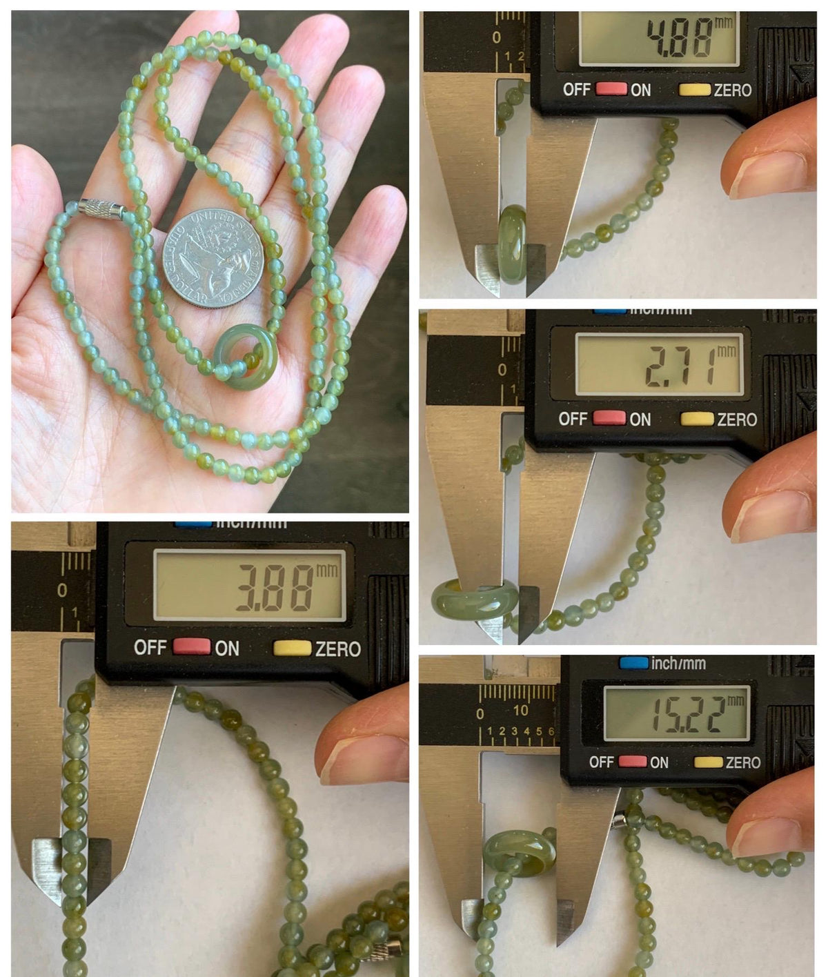 Grade A Natural Guatemalan Icy Pastel Blue Yellow Marbled Jade Jadeite Petite Beaded Necklace & Ring Pendant 3.8mm 24” 天然冰危黄翡翠圆珠跑环项链 WHL327