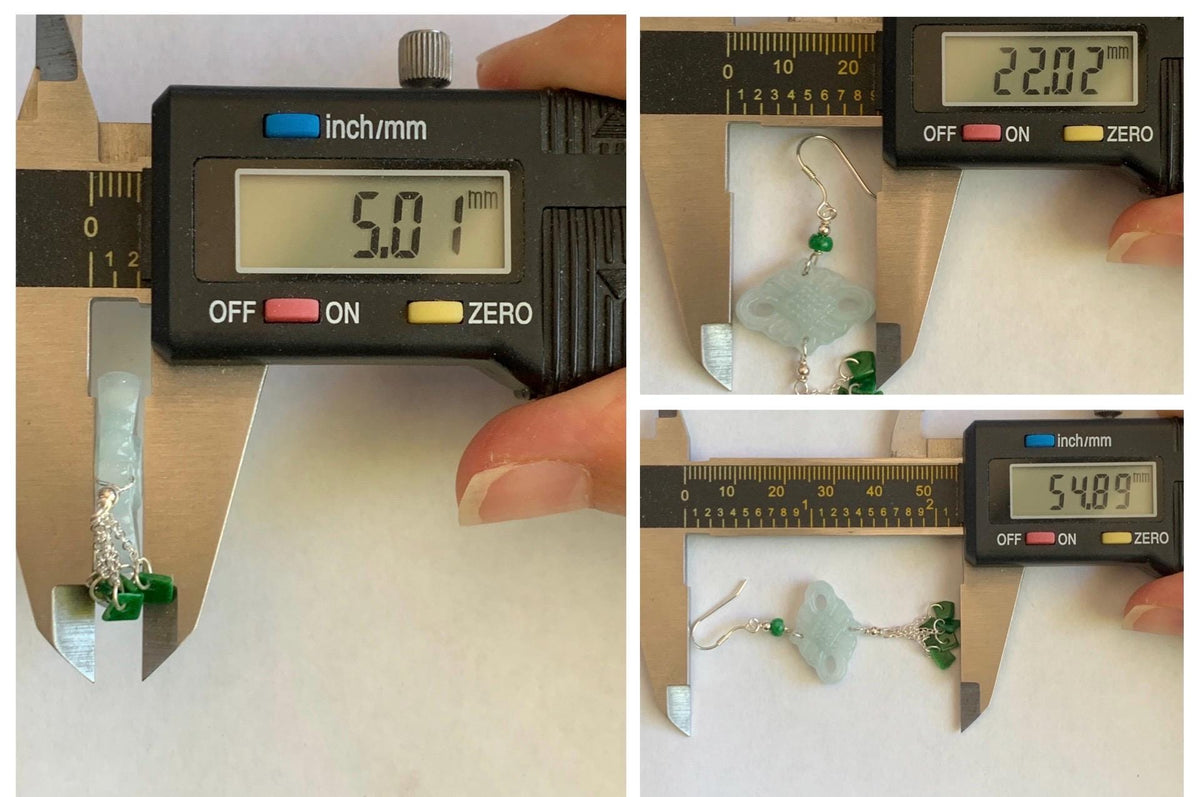 Natural Grade A Icy Translucent White Jade Jadeite Drum Chinese Knot Hot Green Jadeite Dangle Earrings Sterling Silver 天然白冰翡翠中国结碎碎耳钩 SGY88C