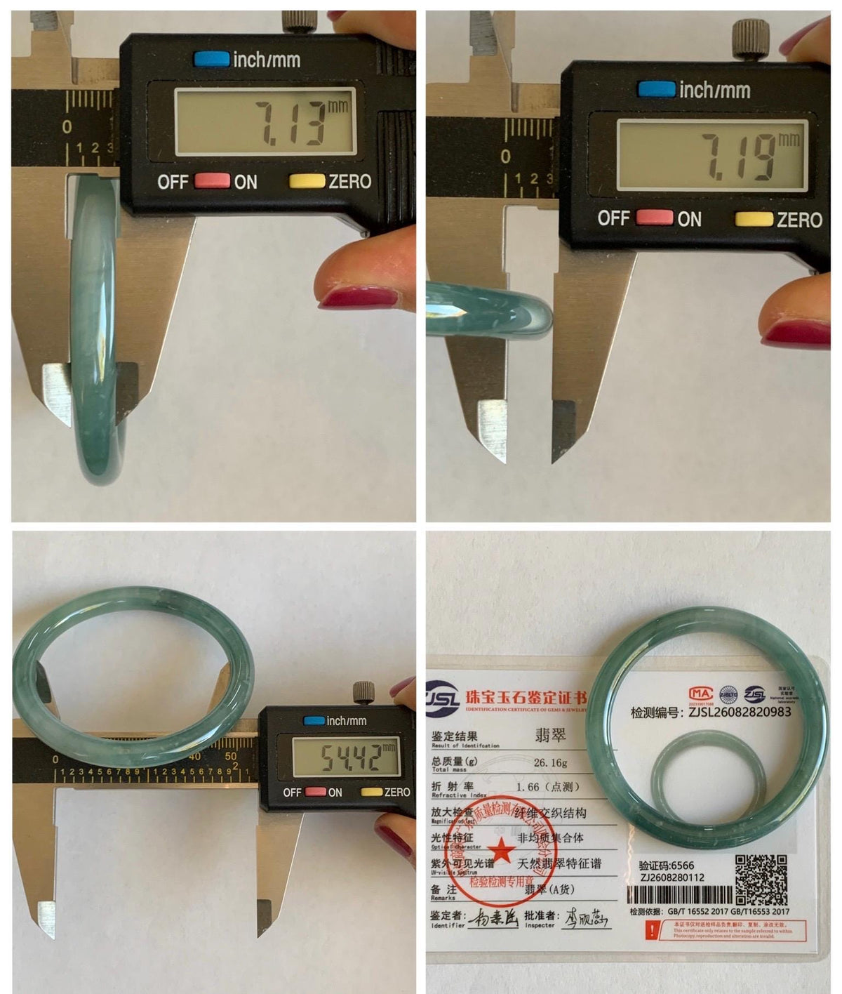 Certified Natural Grade A Guatemalan Icy Translucent Dusty Teal Green Jade Jadeite Bangle Bracelet 54.4mm 6.73” 26g 天然冰危蓝绿翡翠圆条手镯 983