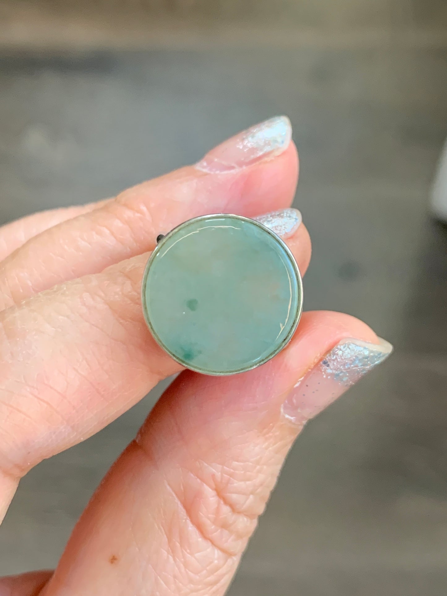 Natural Grade A Icy Translucent Gelatinous Dusty Green w/ Green Marbling Jade Jadeite Disc Ring S925 Silver Size Adjustable 天然晴绿飘花翡翠无事牌银镶戒指 WSP