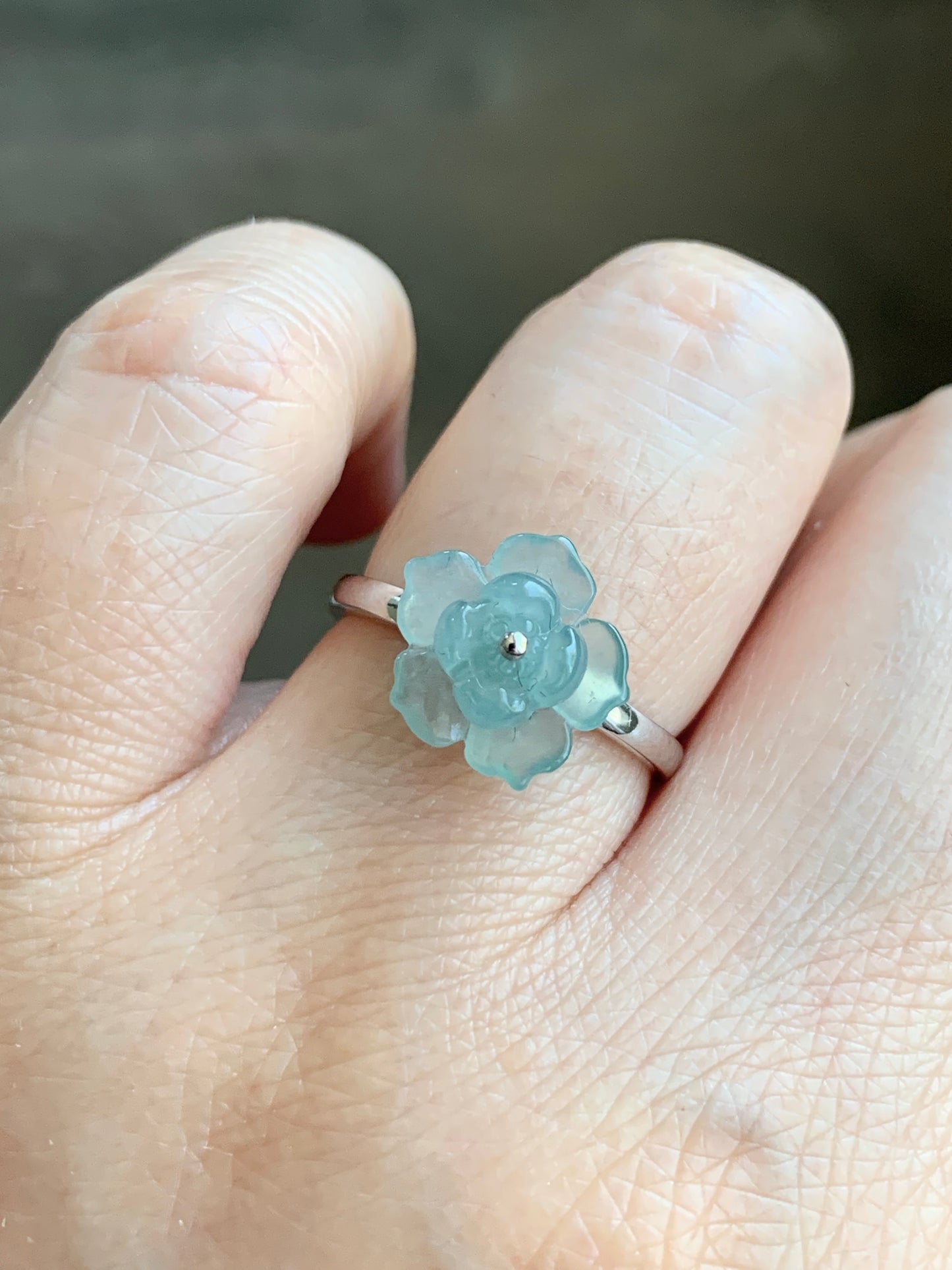 Certified Natural Guatemalan Icy Highly Translucent Light Blue Jade Jadeite Lotus Flower Ring 18K White Gold sz 7.25 2g 天然高冰危浅蓝翡翠莲花镶嵌戒指 3839