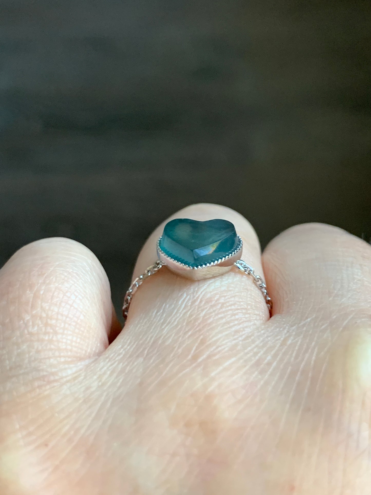 Certified Natural Grade A Icy Translucent Teal Blue Jadeite Faceted Heart Chain Ring 18K White Gold Adjustable 天然冰湖水蓝翡翠爱心镶嵌链戒