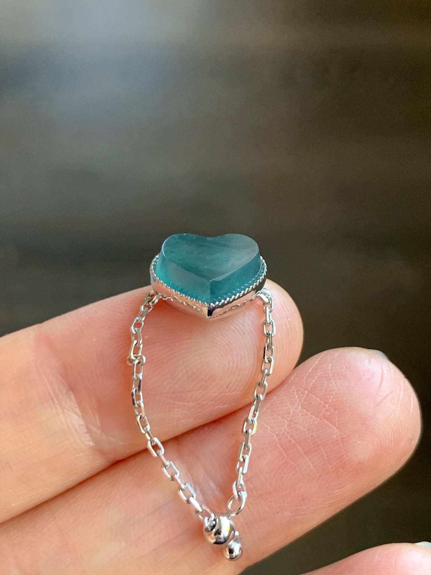 Certified Natural Grade A Icy Translucent Teal Blue Jadeite Faceted Heart Chain Ring 18K White Gold Adjustable 天然冰湖水蓝翡翠爱心镶嵌链戒