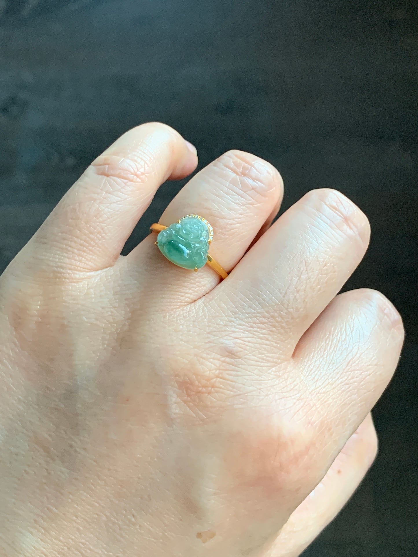Certified Natural Grade A Icy Translucent light Green & Green Marbled Jadeite Buddha Ring 18K Yellow Gold Diamonds Size 7 天然冰飘绿花翡翠小佛公钻石镶嵌戒指