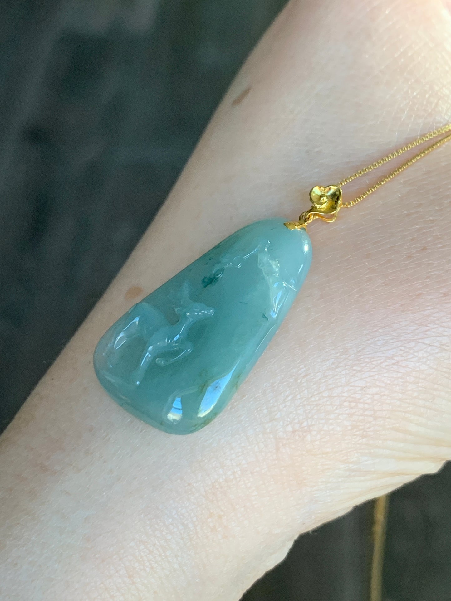 Certified Natural  grade A Icy Translucent Green Jadeite Deer Engraved Pendant with 18K Yellow Gold Bail 天然翡翠正冰满绿飘花鹿牌镶嵌吊坠