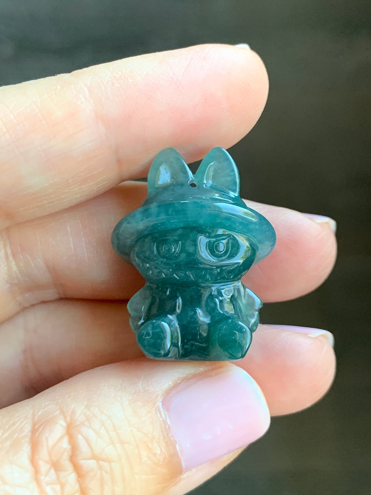 Natural Grade A Guatemalan Icy Translucent Dark Teal Blue Jade Jadeite Carved Monster Plush Pendant Rope Necklace 26” 天然冰胶危深蓝绿翡翠吊坠 LBB88-B