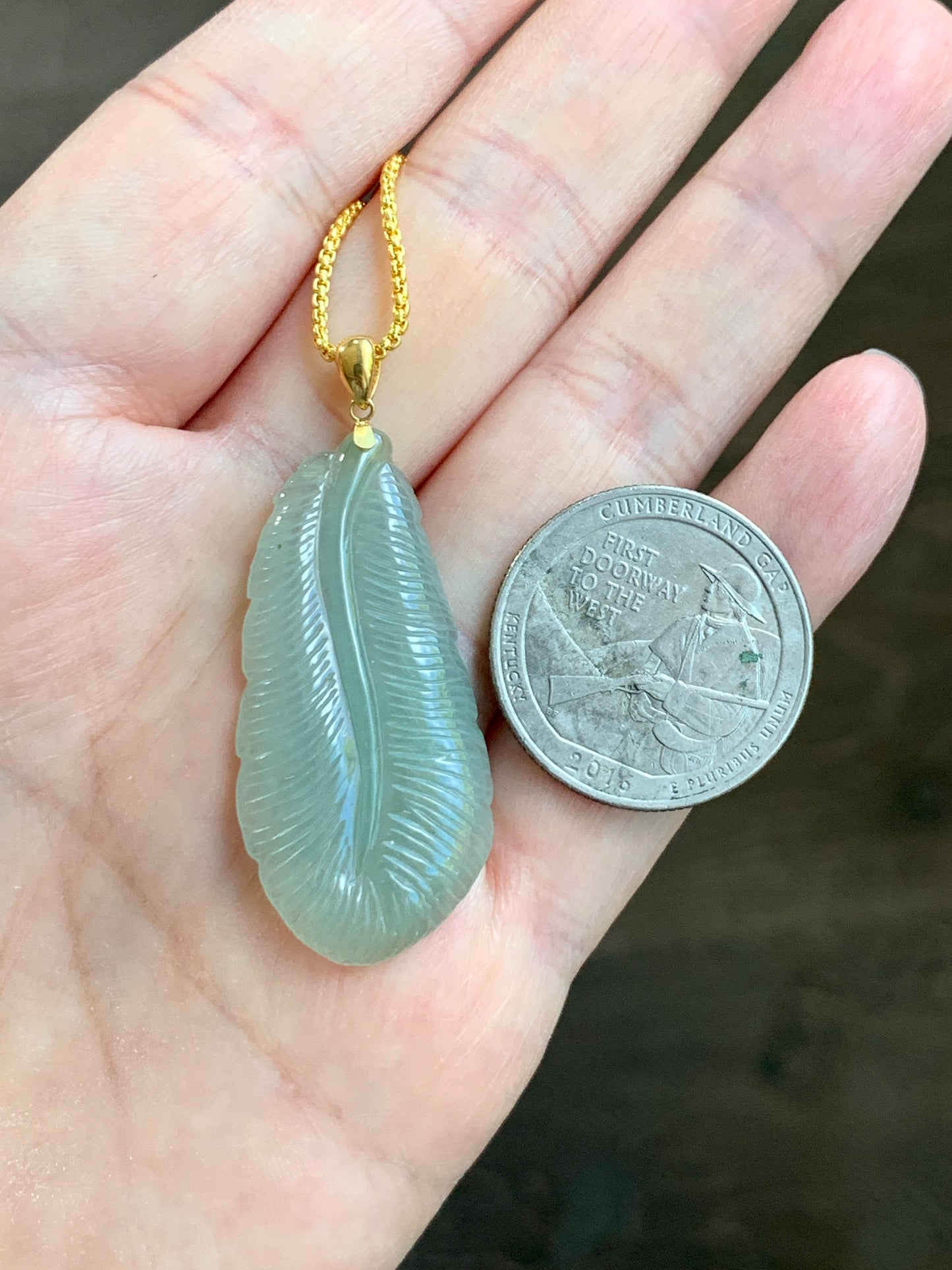 Natural Grade A Icy Translucent Light Green Jade Jadeite Carved Large Feather Pendant 18K Yellow Gold Bail 天然冰绿翡翠羽毛镶嵌吊坠 MQL228