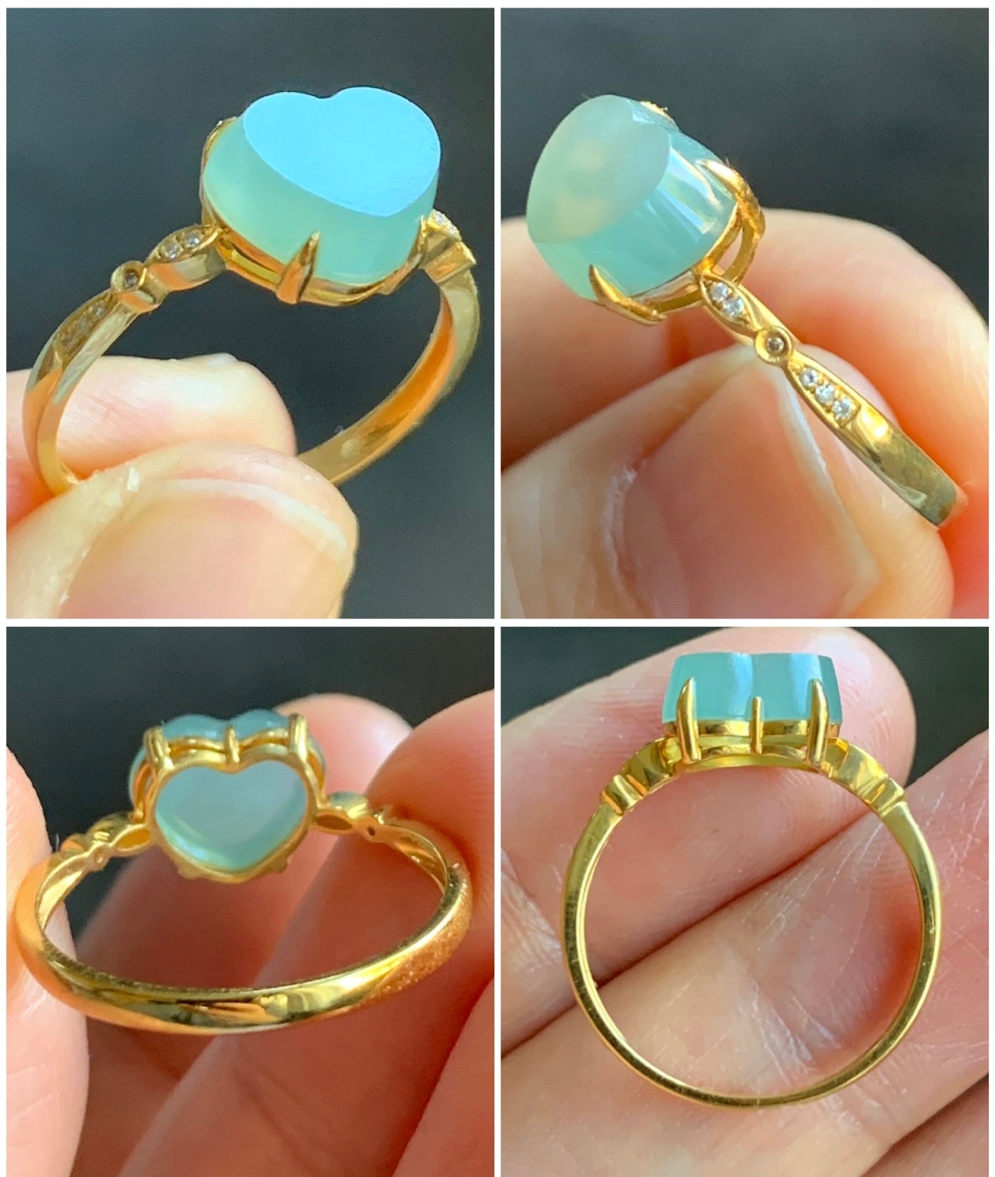 Certified Grade A Natural Premium Icy Light Green Faceted Jadeite Heart Cabochon 18K Yellow Gold Diamond Ring Sz 6.75 US 2.1g 天然正冰晴底翡翠切割面爱心钻石戒指